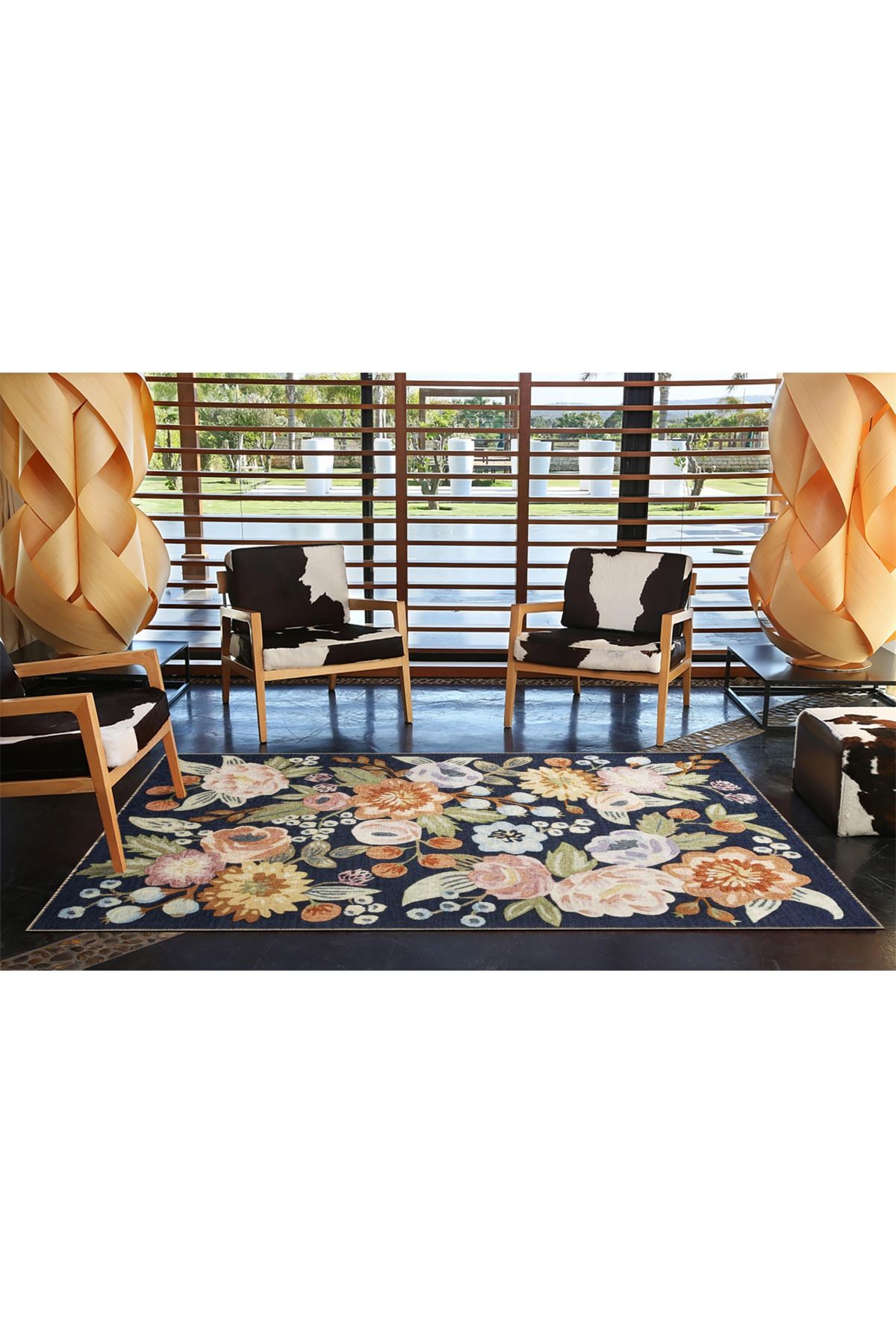 Lacivert Temalı Floral Çok Renkli Çiçek ve Gül Desenli Modern Dekoratif Halı 3433