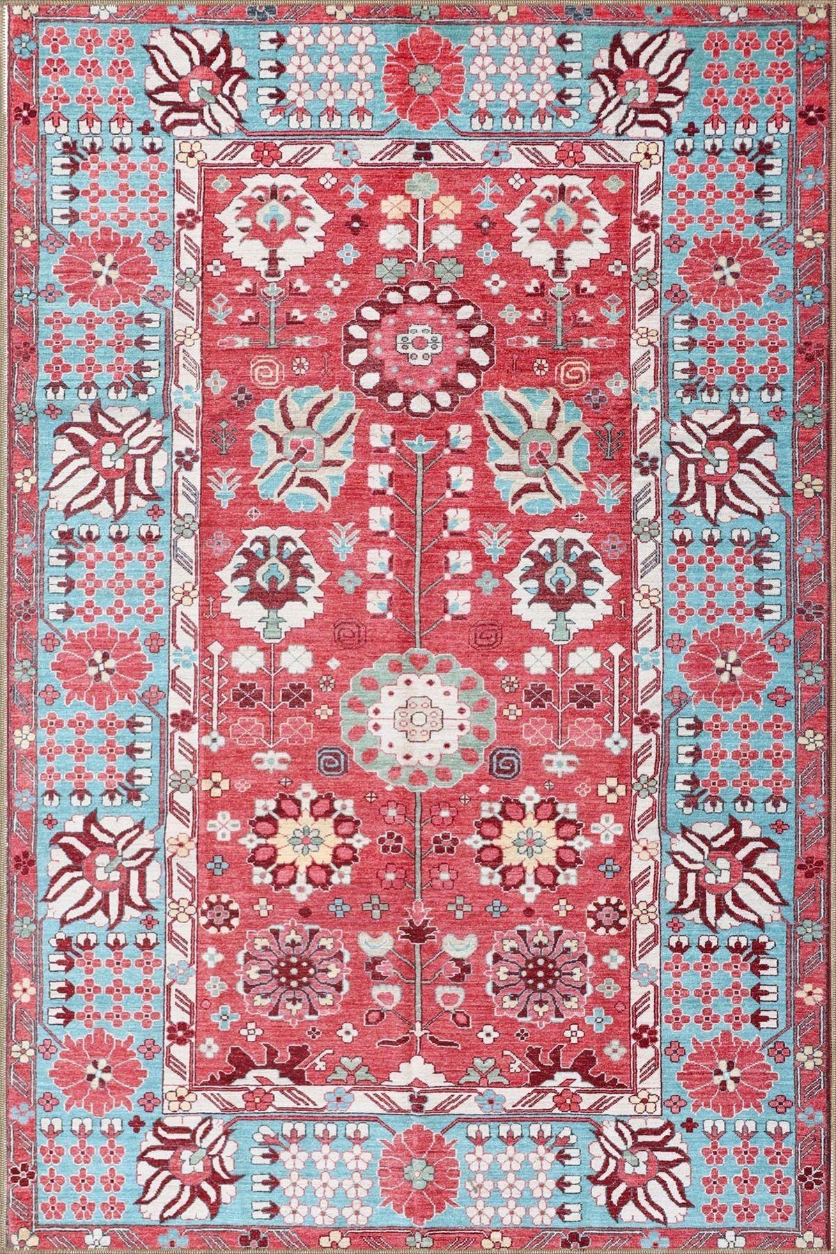 Kırmızı Geometrik Temalı Desenli Dokuma Taban Halı ve Yıkanabilir Halı aloha44