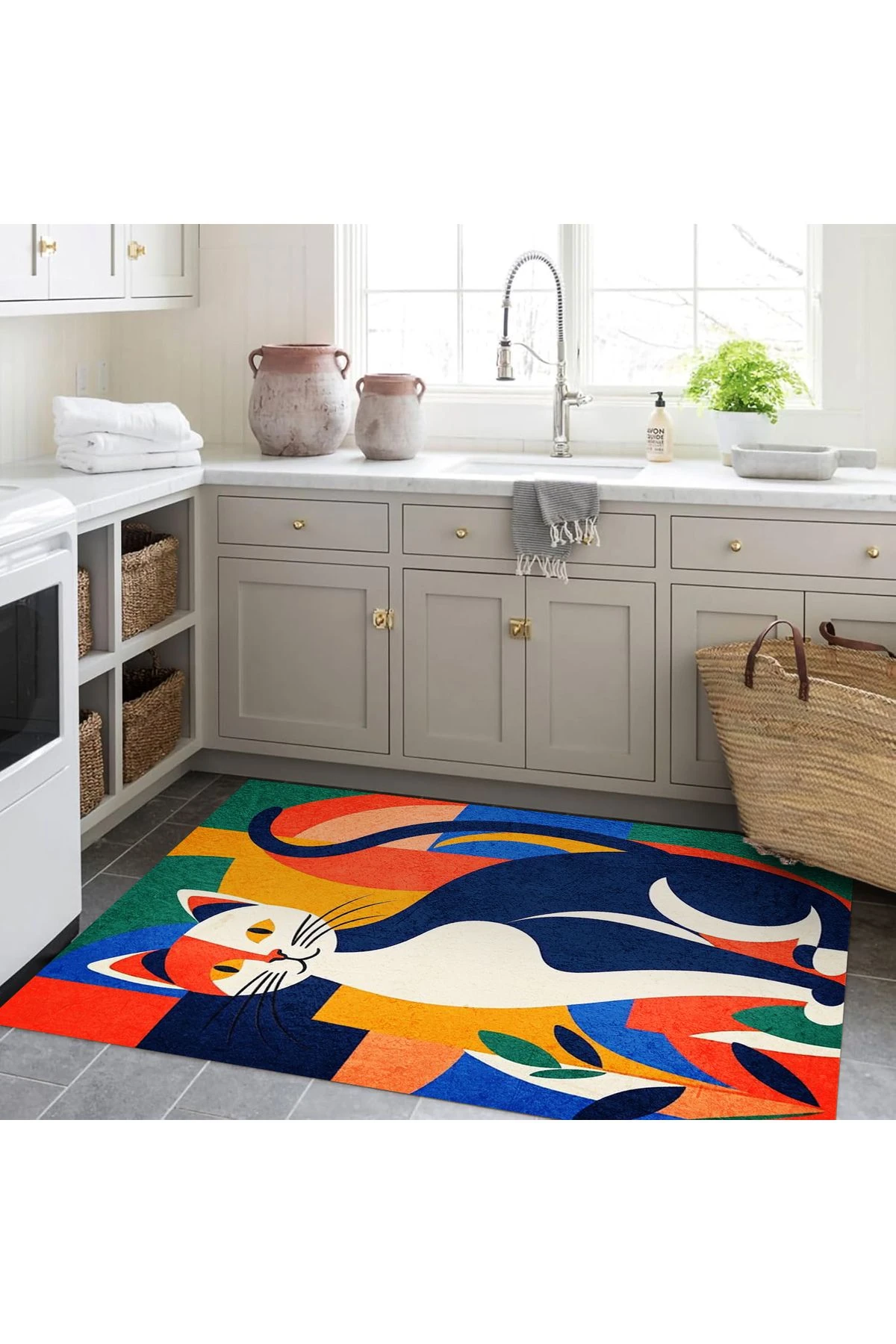 Kuzey Koleksiyonu Çok Renkli Kedi Desenli Dokuma Taban Dekoratif Halı kuzey20