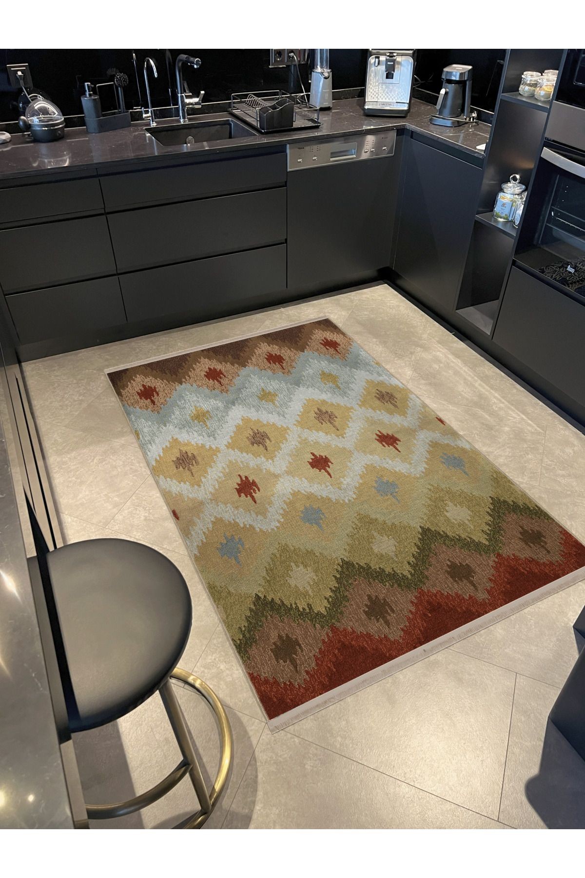 Krem Bej Temalı Motifli Geometrik Desenli Saçaklı Vintage Dekoratif Halı 3118