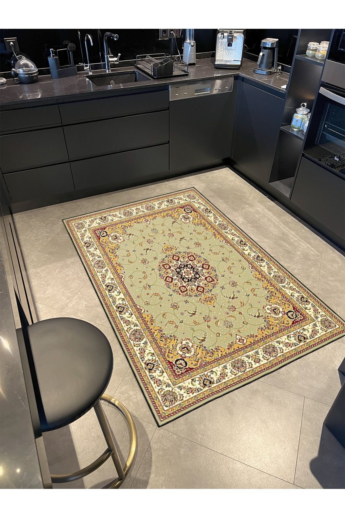 Krem Geometrik Çiçekli Geleneksel Desenli Dekoratif ve Dokuma Taban Yıkanabilir Halı miravip8865