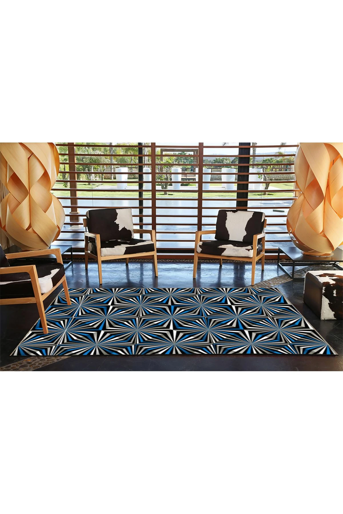 Mavi Gri Temalı Çizgi Şerit Desenli Kreatif Modern Dekoratif Halı 4683