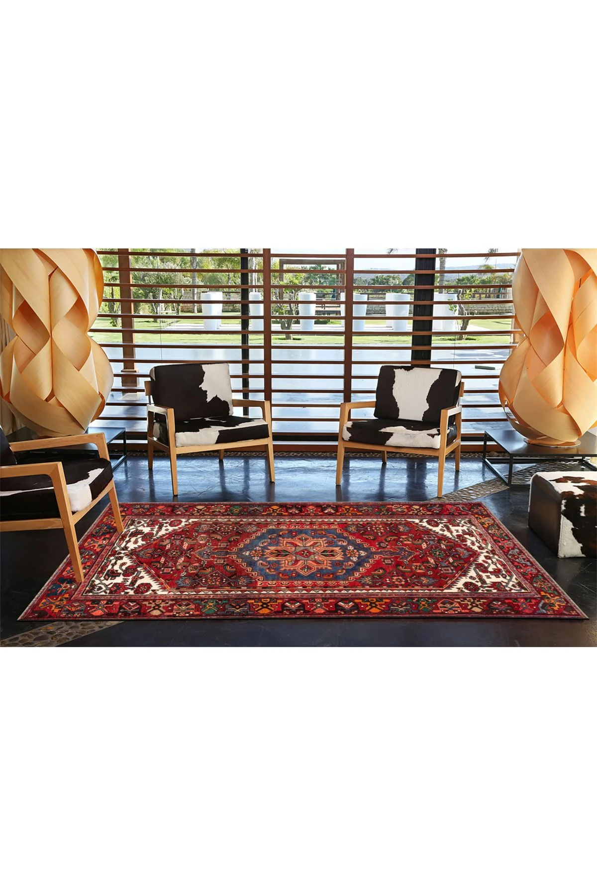 Bordo Temalı Çok Renkli Geleneksel Motif Desenli Vintage Dekoratif Halı 4787