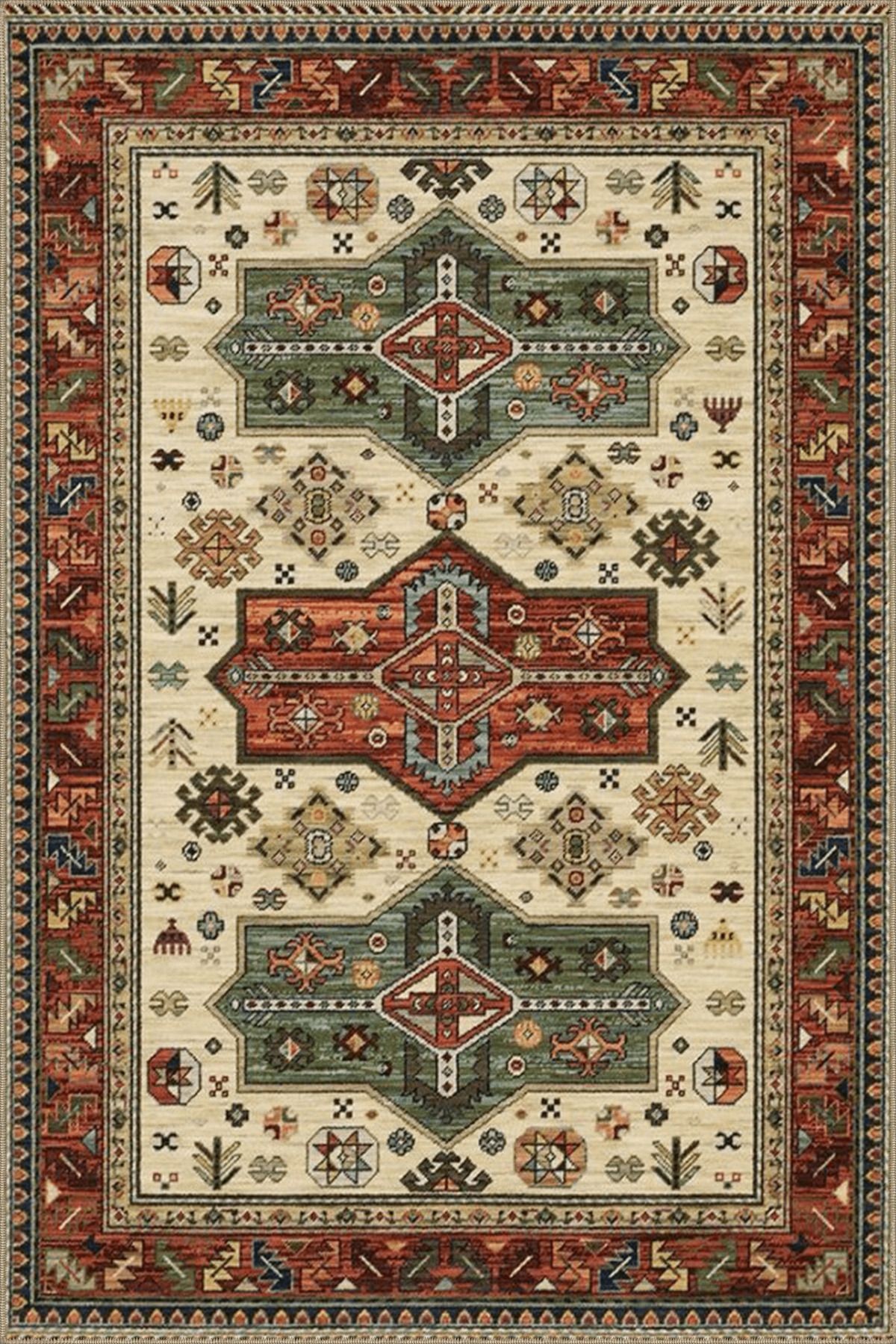 Yeşil Turuncu Temalı Geleneksel Motif Desenli Vintage Dekoratif Halı 4512