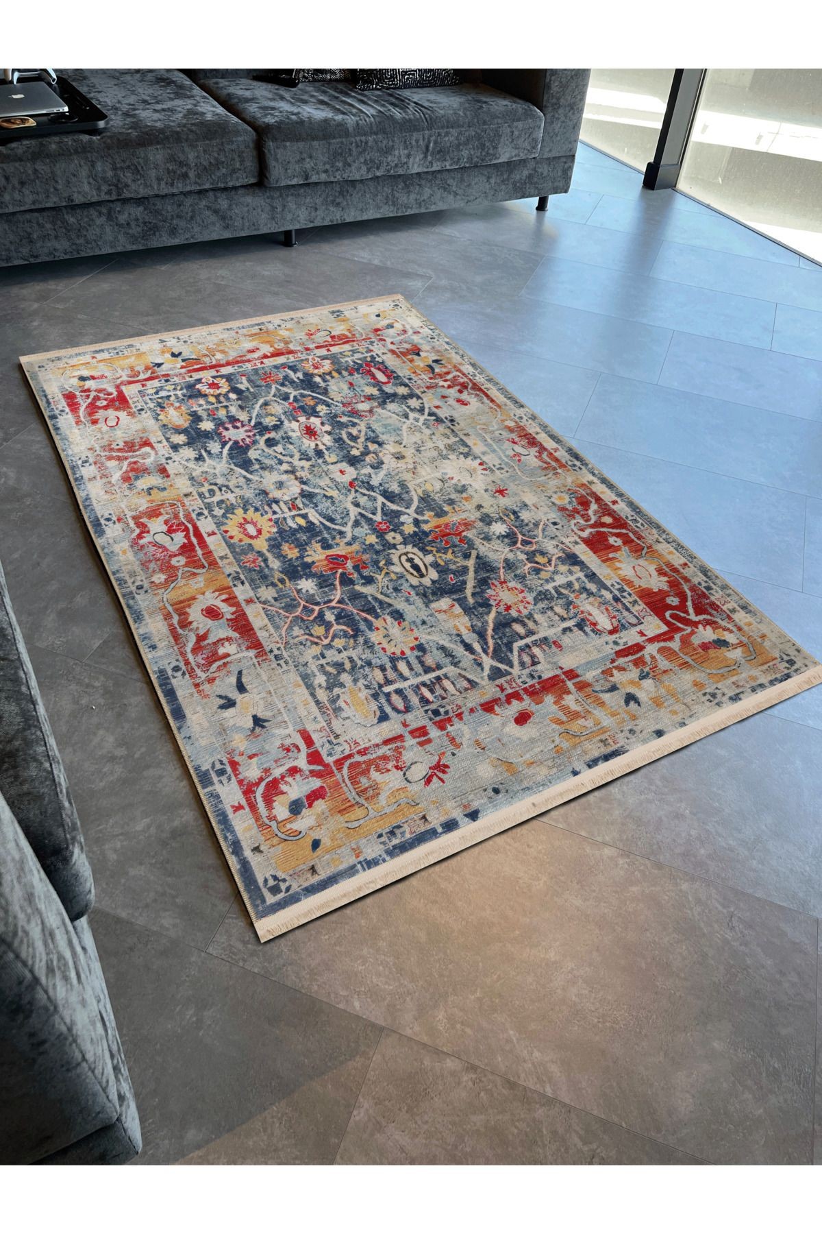 Kırmızı Mavi Temalı Soyut Geleneksel Motif Etnik Çiçek Desenli Vintage Dekoratif Halı 2388