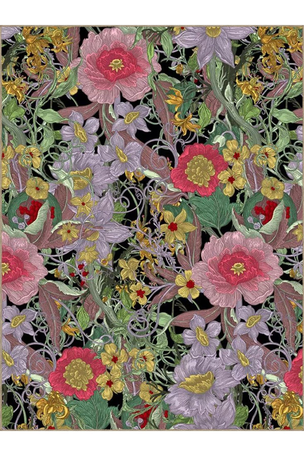 Semih Koleksiyonu Çok Renkli Floral Karma Çiçekler Desenli Dokuma Taban Modern Dekoratif Halı 43