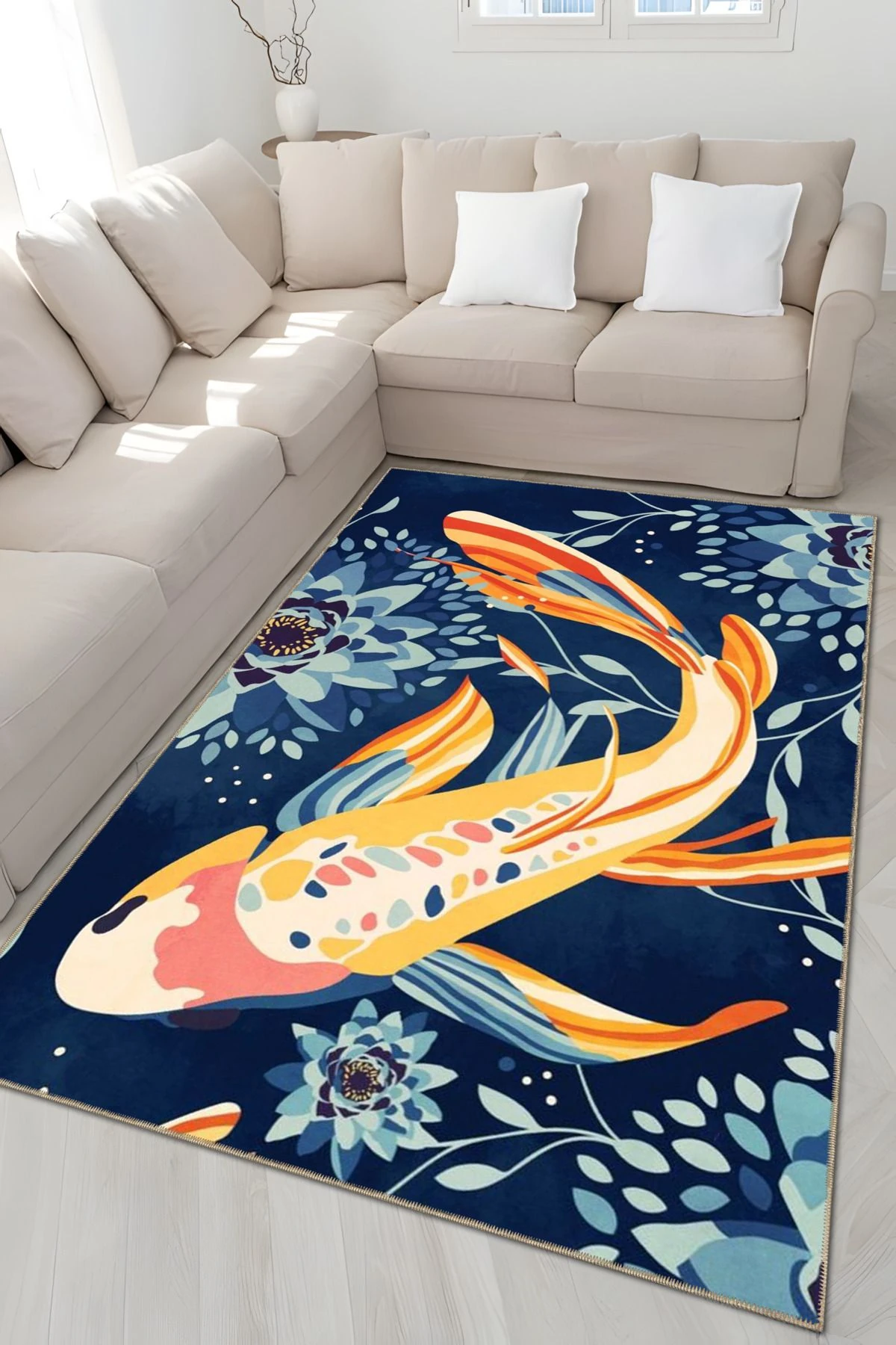 Lacivert Temalı Gül ve Koi Balığı Desenli Kreatif Modern Dekoratif Halı 5068
