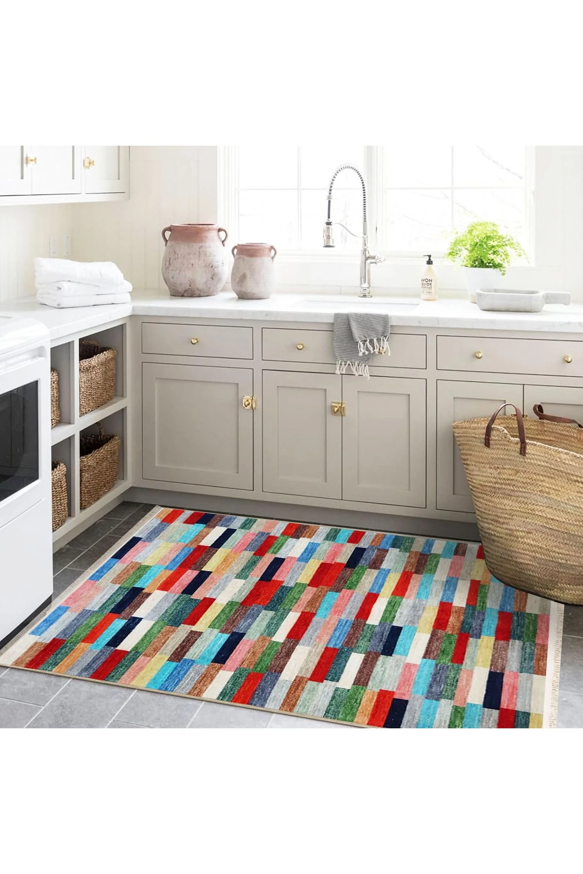 Emre Koleksiyonu Çok Renkli Geometrik Patchwork Detay Desenli Dokuma Taban Modern Dekoratif Halı 29