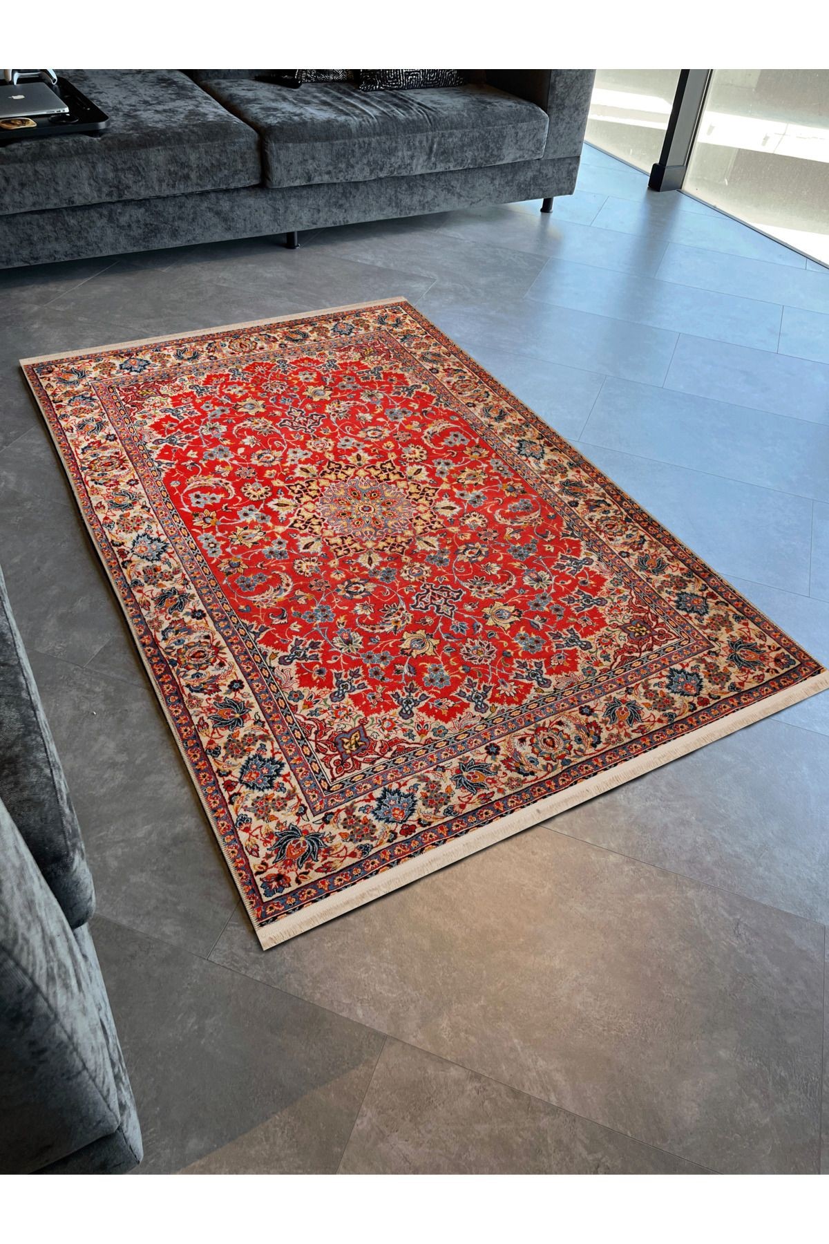 Bordo Temalı Çok Renkli Geleneksel Motif Etnik Çiçek Desenli Vintage Dekoratif Halı 2474