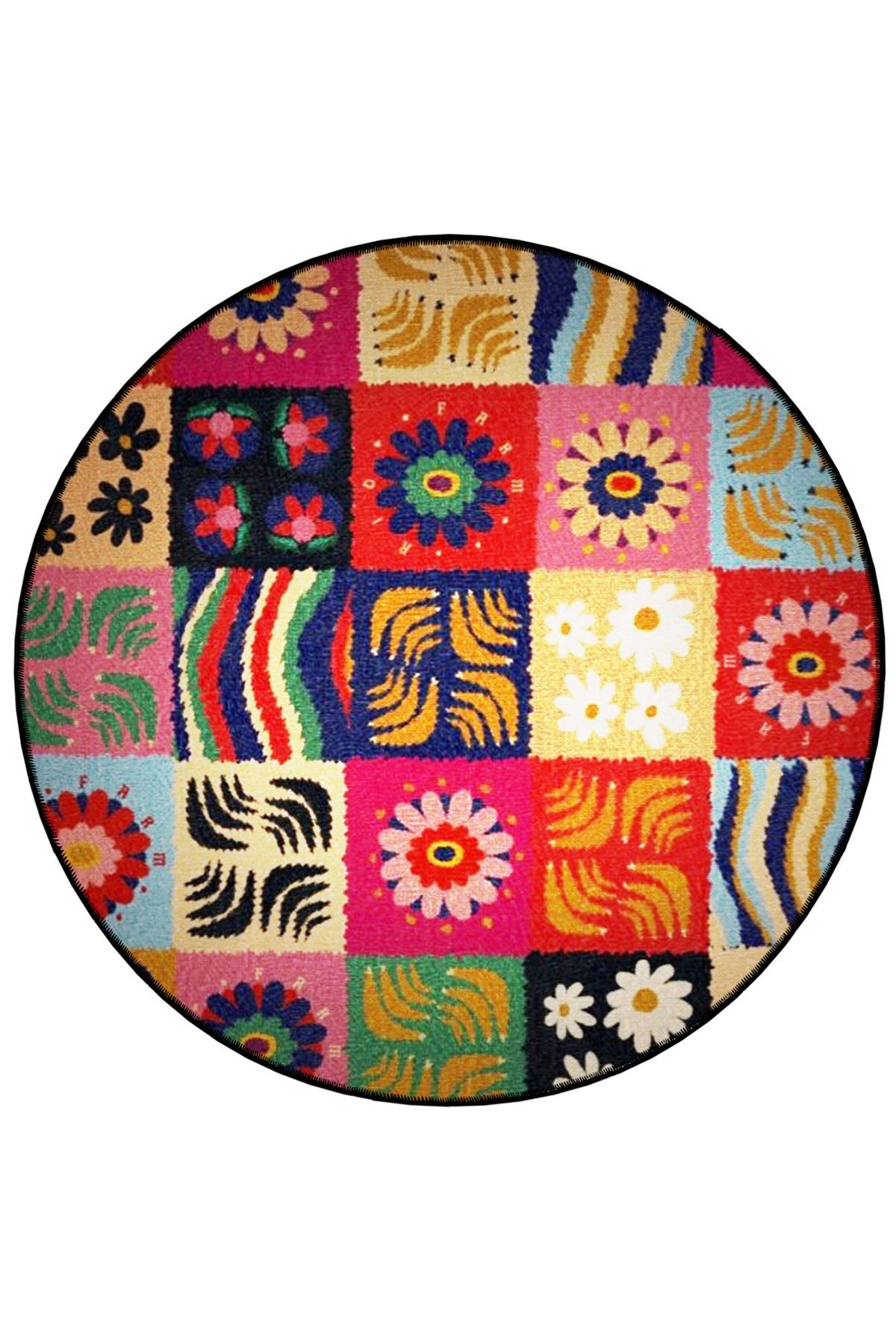 Mira Yuvarlak Çok Renkli Patchwork Desenli Dokuma Taban Dekoratif Halı 5727