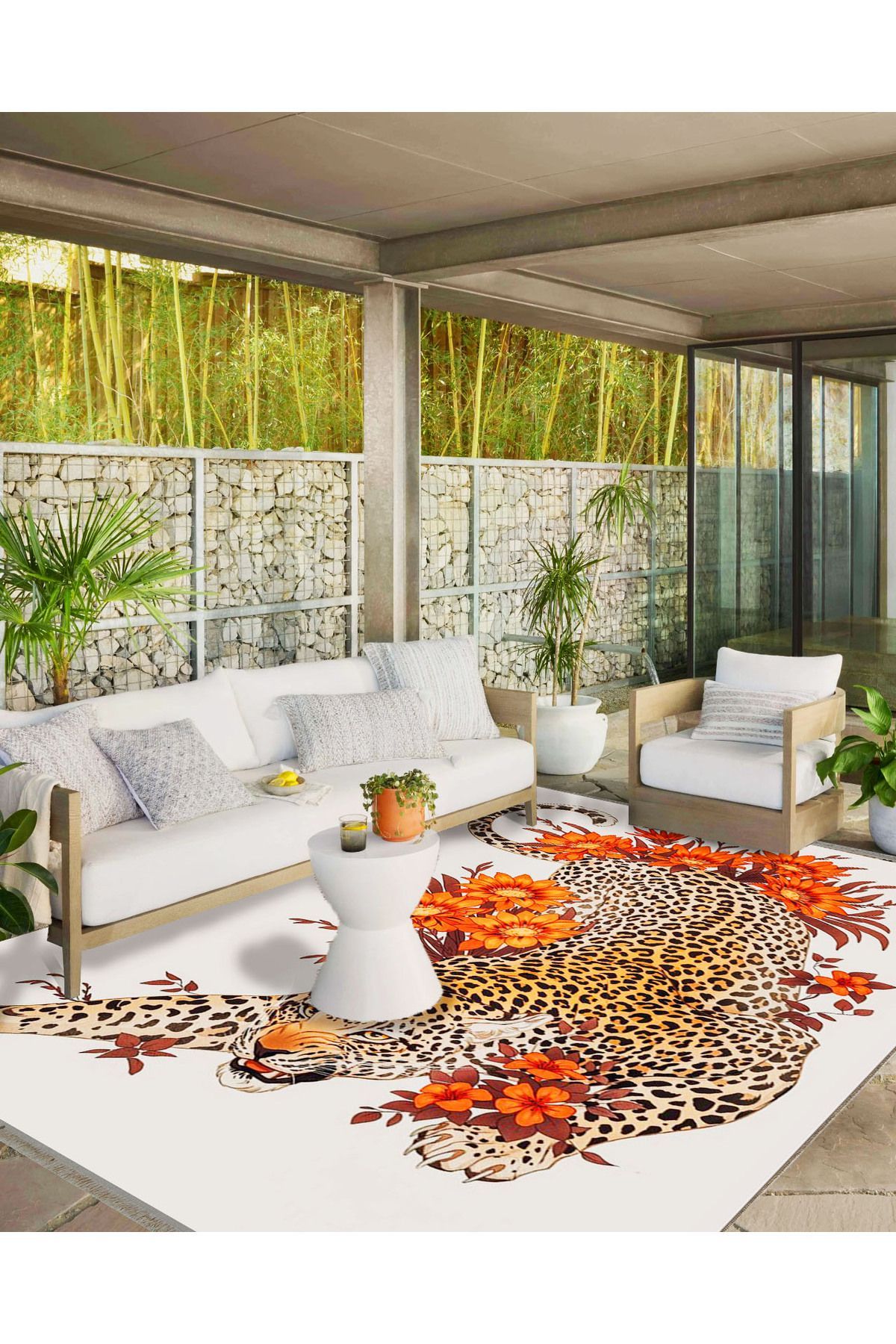 İnci Koleksiyonu Turuncu Tema Leopar ve Çiçek Desenli Dokuma Taban Modern Dekoratif Halı inci13