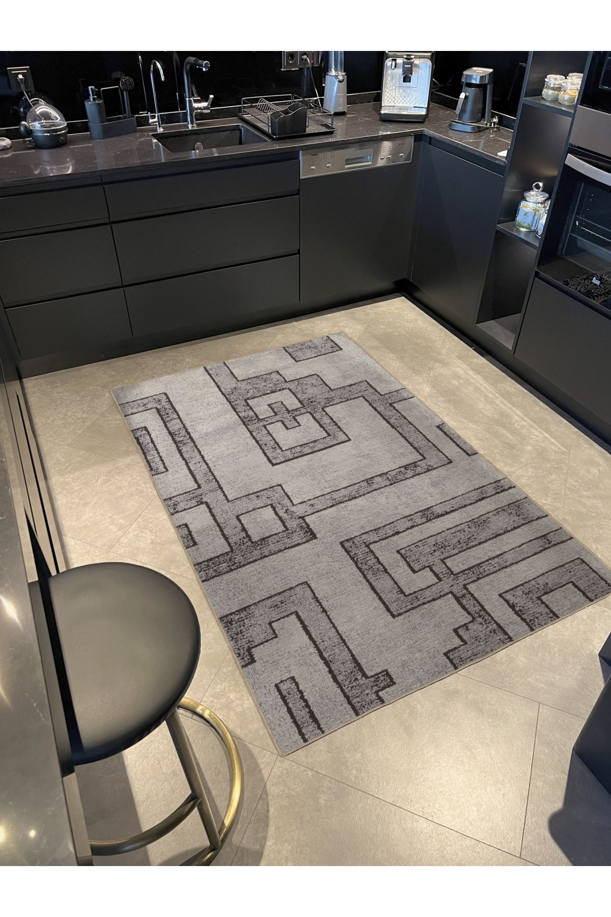 Gri Temalı Soyut Geometrik Desenli Kreatif Modern Dekoratif Halı 2990