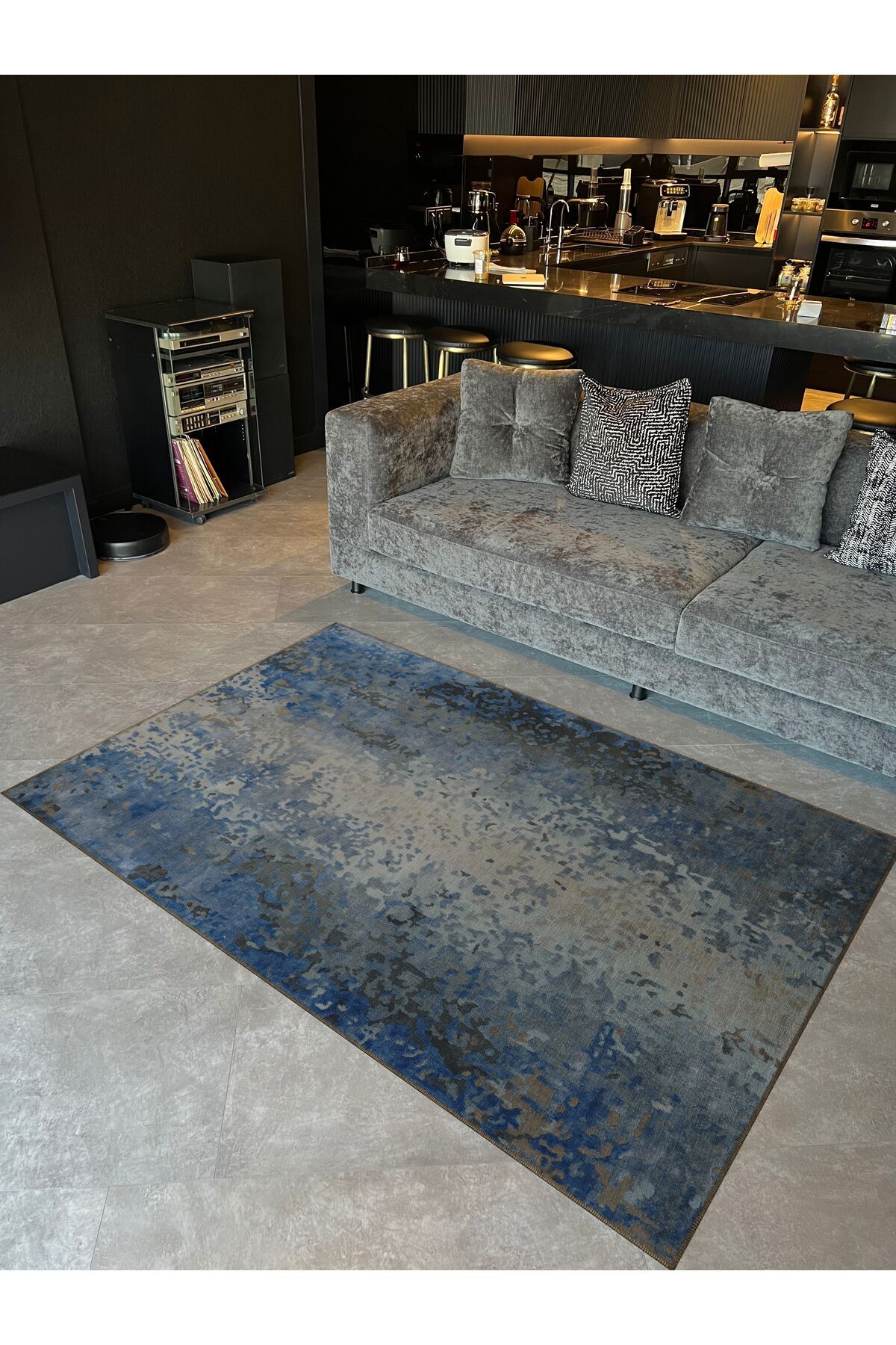 Gri Mavi Tonları Soyut Desenli Kreatif Modern Dekoratif Halı 5233