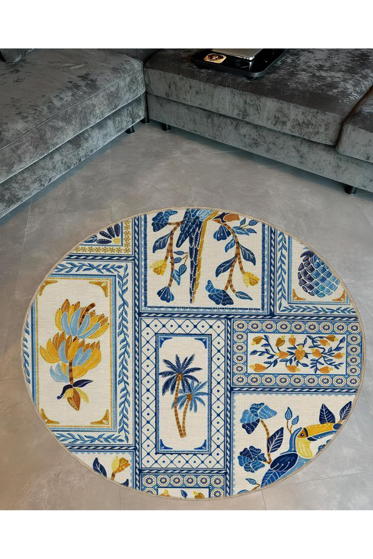 Antik Tasarım Serisi Yuvarlak Mavi Beyaz Detaylı Dokuma Taban Halı antik115