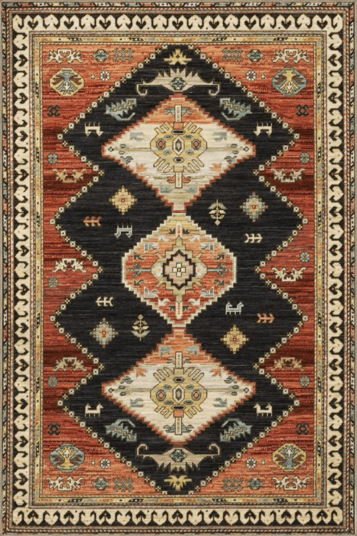 Siyah Turuncu Temalı Geleneksel Motif Desenli Vintage Dekoratif Halı 3880
