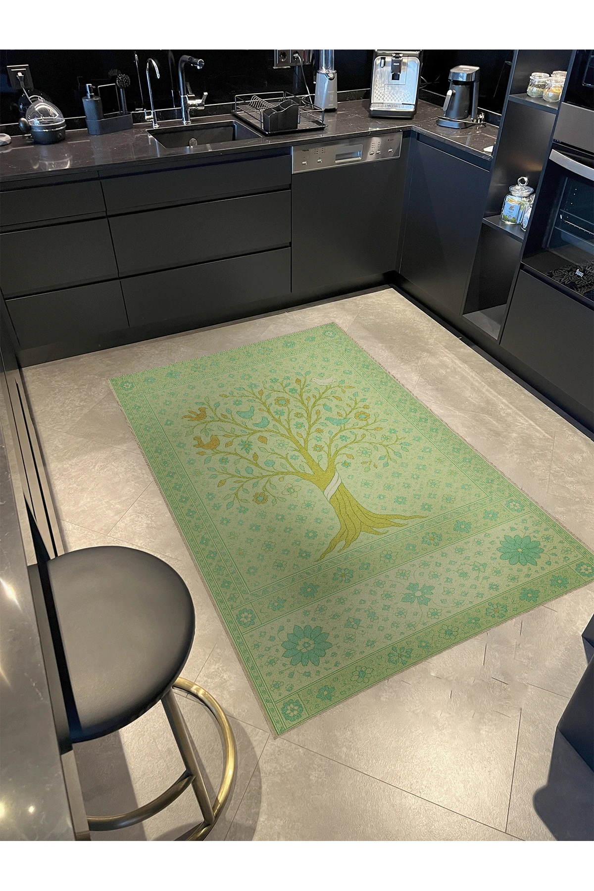 MOSSO Yeşil Temalı Motifli ve Ağaç Desenli Dokuma Taban Modern Dekoratif Halı mosso355