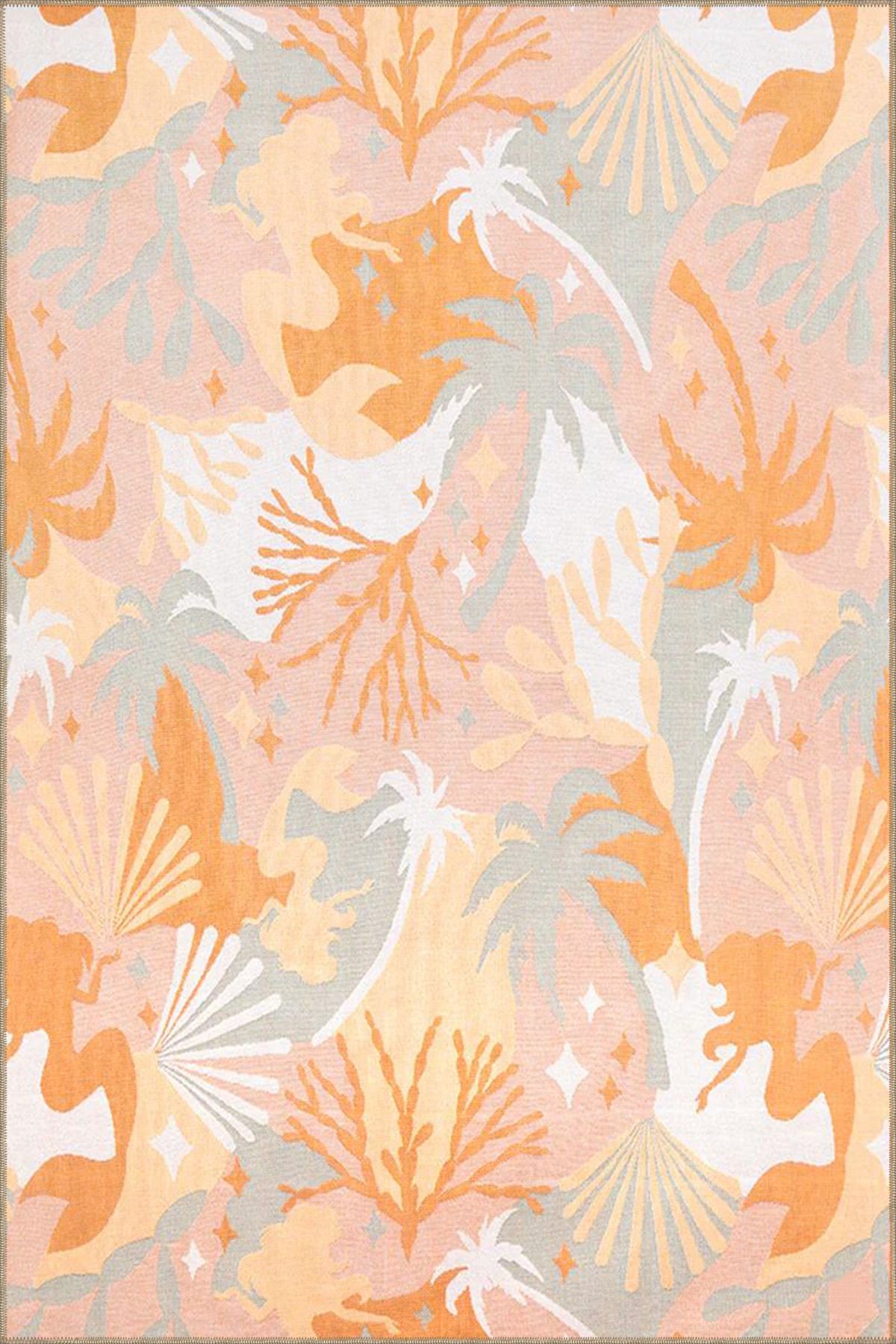 Turuncu ve Karışık Renkli Çiçekli Kadın Modern Dekoratif Halı miravip212