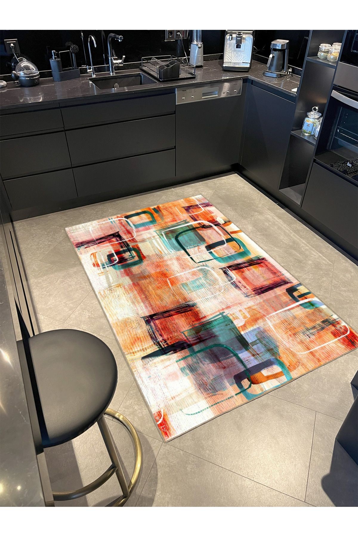Turuncu Pastelli Geometrik Desenli Sarı Tonlarda Dekoratif Yıkanabilir Halı miravip8965