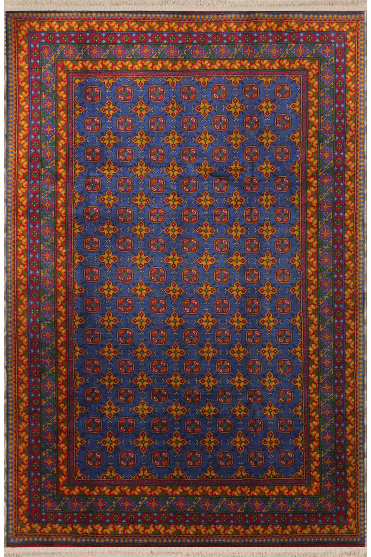 Lacivert Temalı Çok Renkli Geleneksel Motif Desenli Vintage Dekoratif Halı 2744