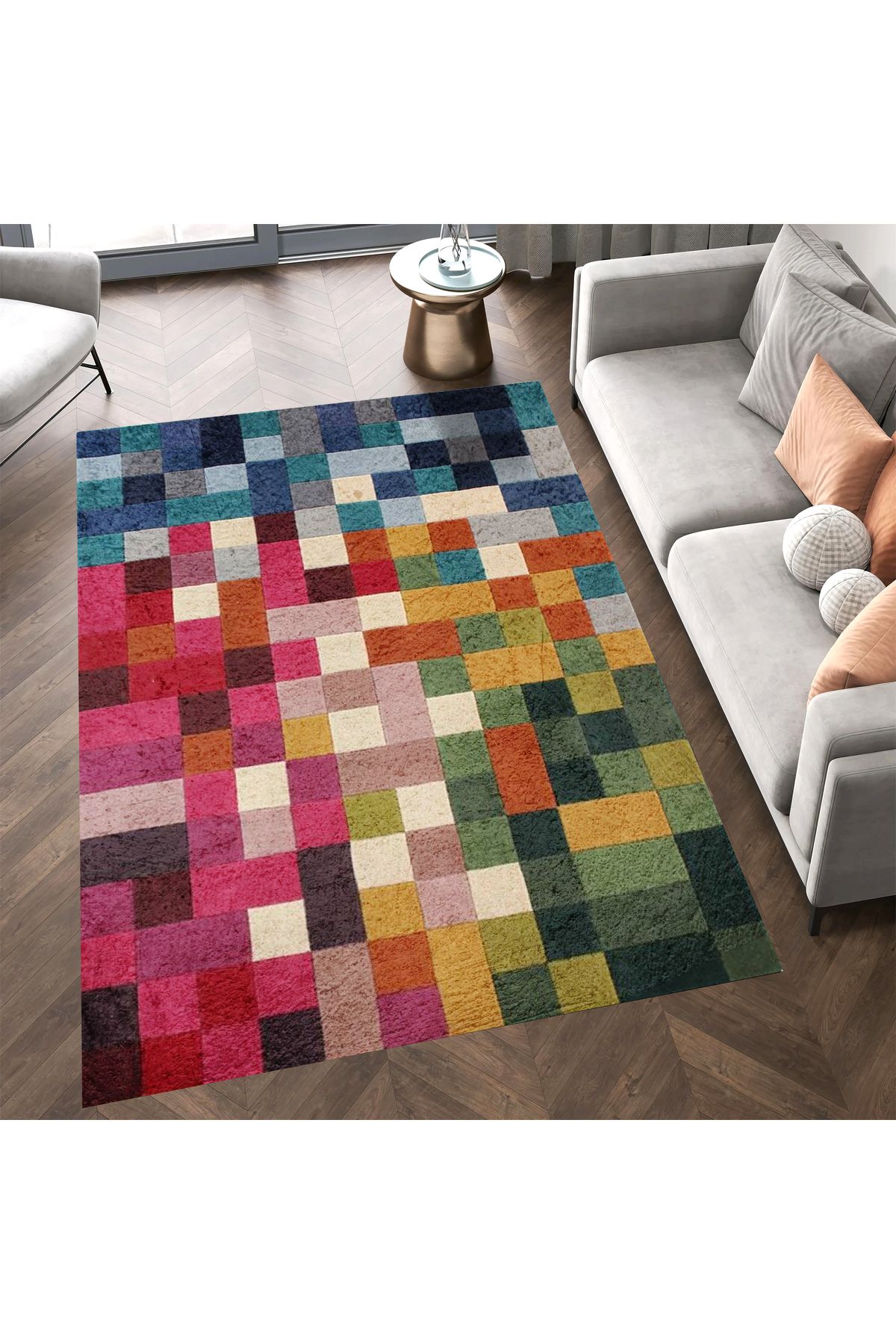 Kuzey Koleksiyonu Çok Renkli Kareli Desenli Dokuma Taban Dekoratif Halı kuzey36