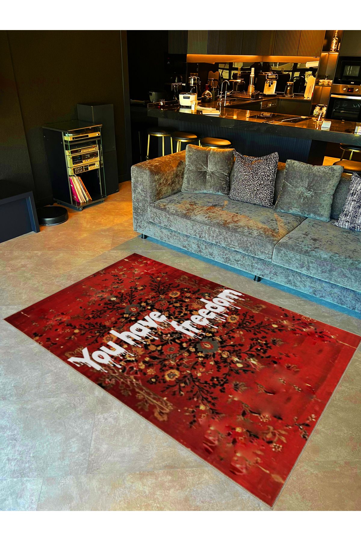 Written Koleksiyonu Bordo Tema You Have Freedom Yazılı Desenli Modern Dekoratif Halı 07