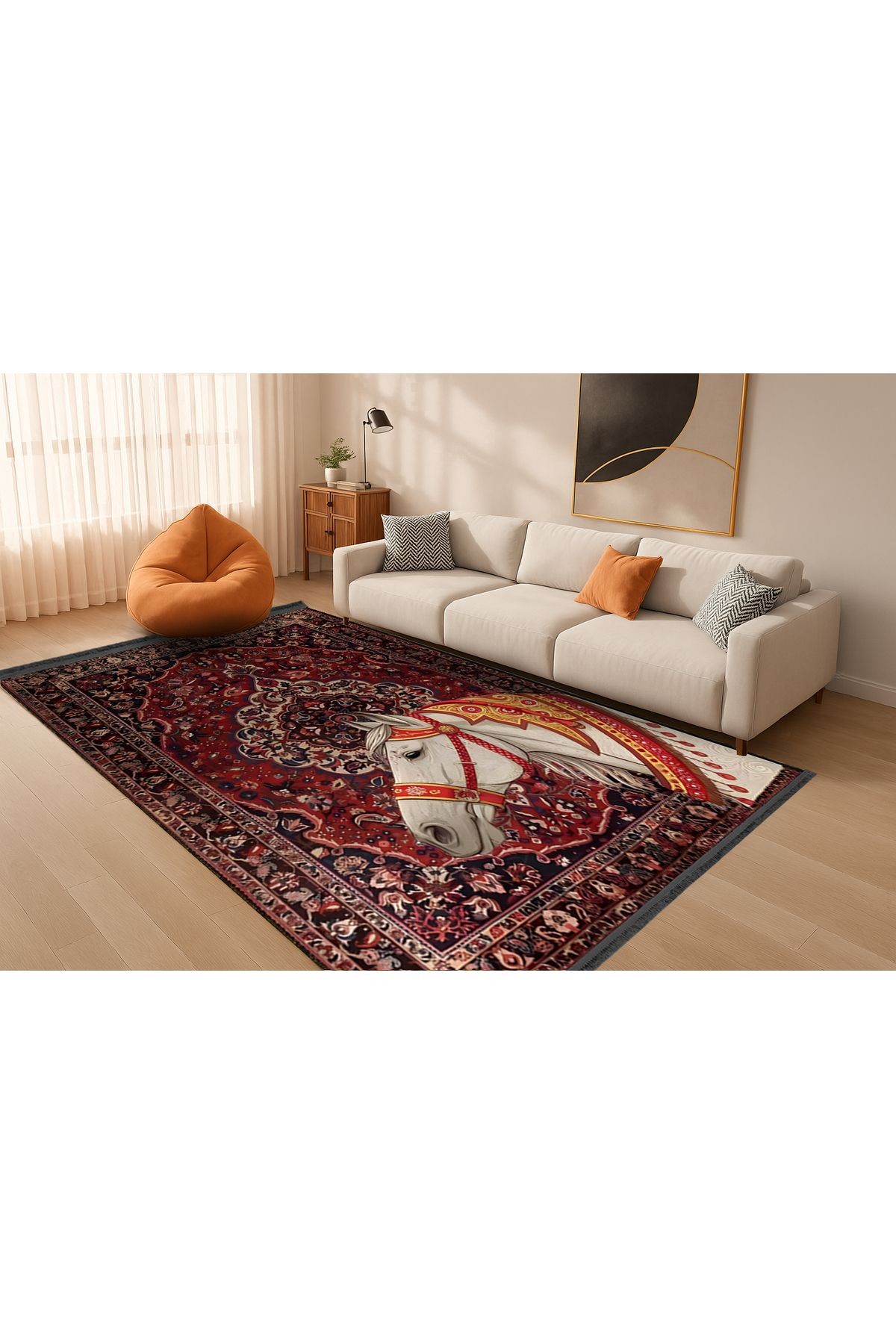 Nilla Koleksiyonu Antik Desenli Beyaz At Detaylı Dokuma Taban Modern Dekoratif Halı nilla18