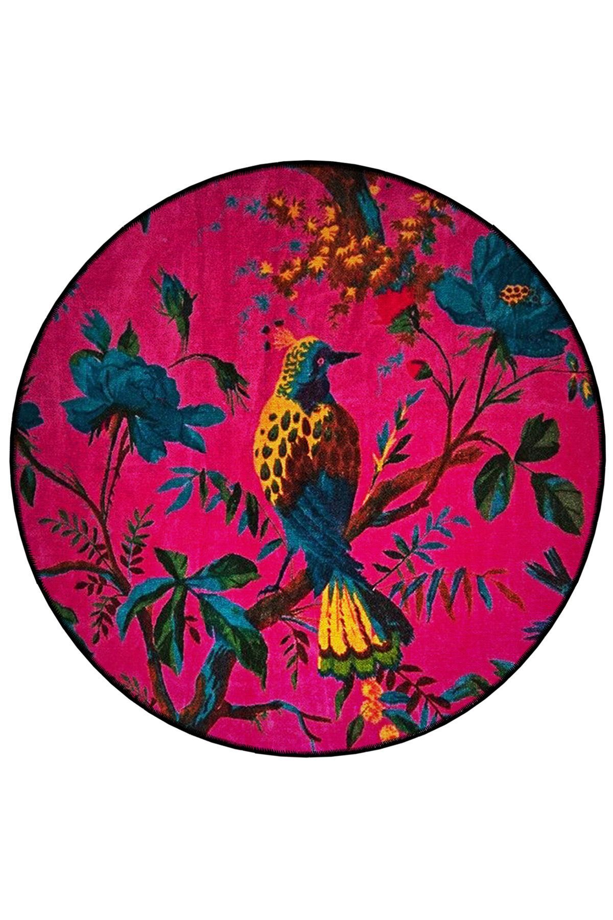 Mira Yuvarlak Koyu Pembe Kuş ve Çiçek Detaylı Dokuma Taban Modern Dekoratif Halı 5695