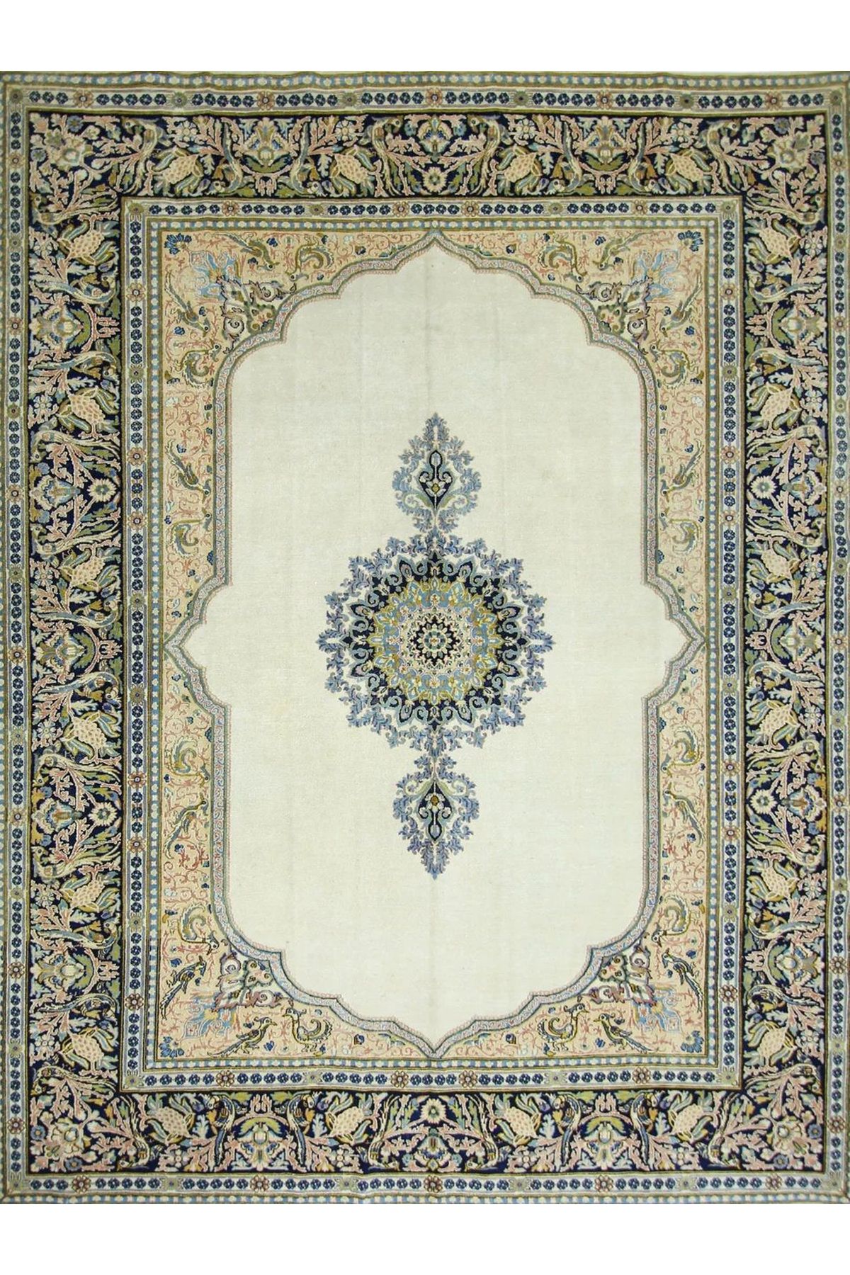 Mete Koleksiyonu Bej ve Beyaz Temalı Geleneksel Motifli Bohem Desenli Vintage Dekoratif Halı 11