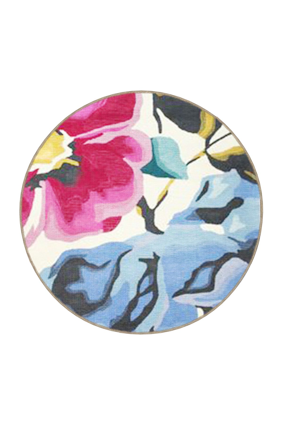 Pembe Mavi Temalı Floral Çiçek Desenli Modern Dekoratif Halı 3508