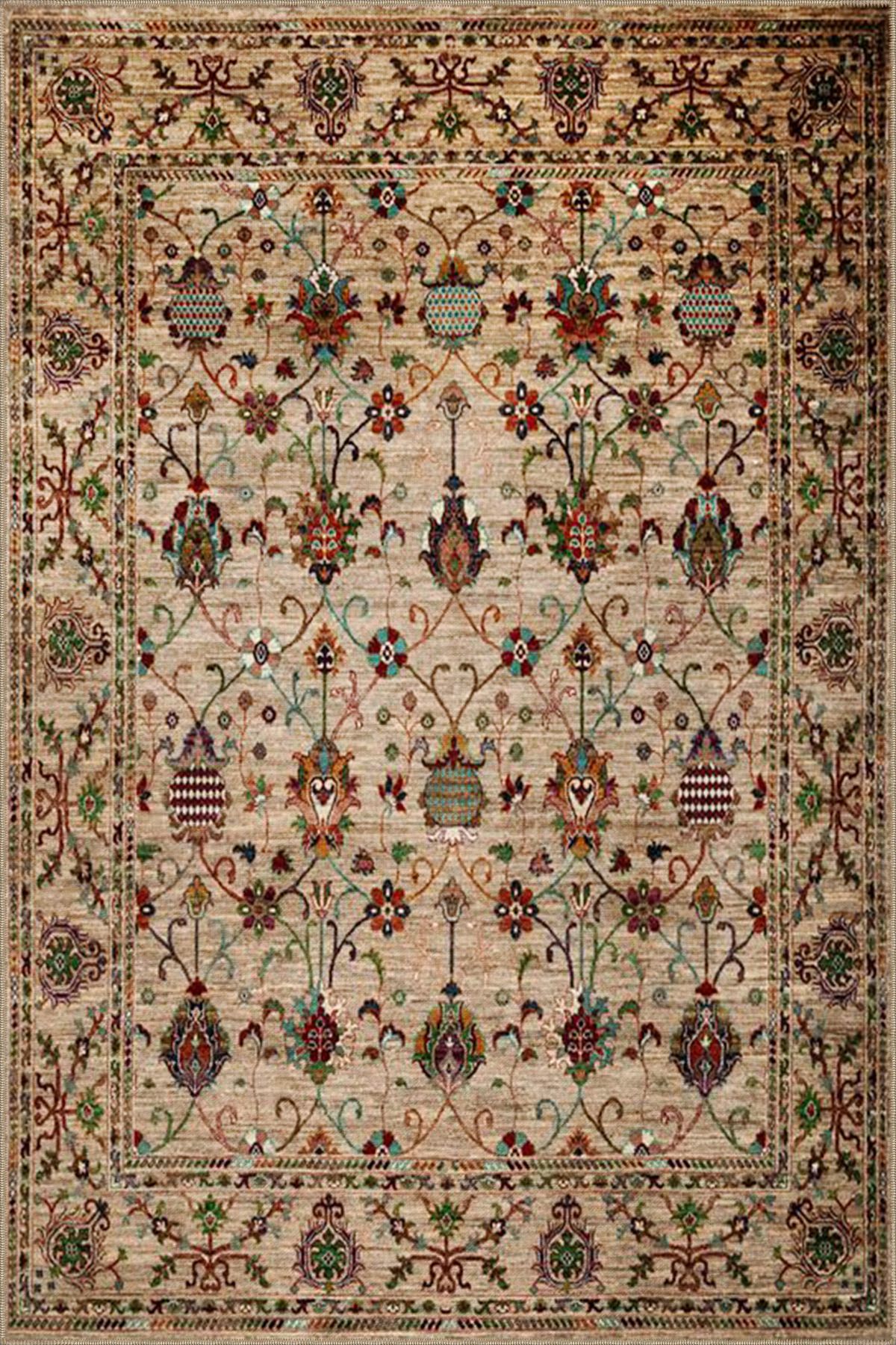 Kahverengi Tonlarda Geleneksel Desenli Dokuma Taban ve Dekoratif Halı miravip66