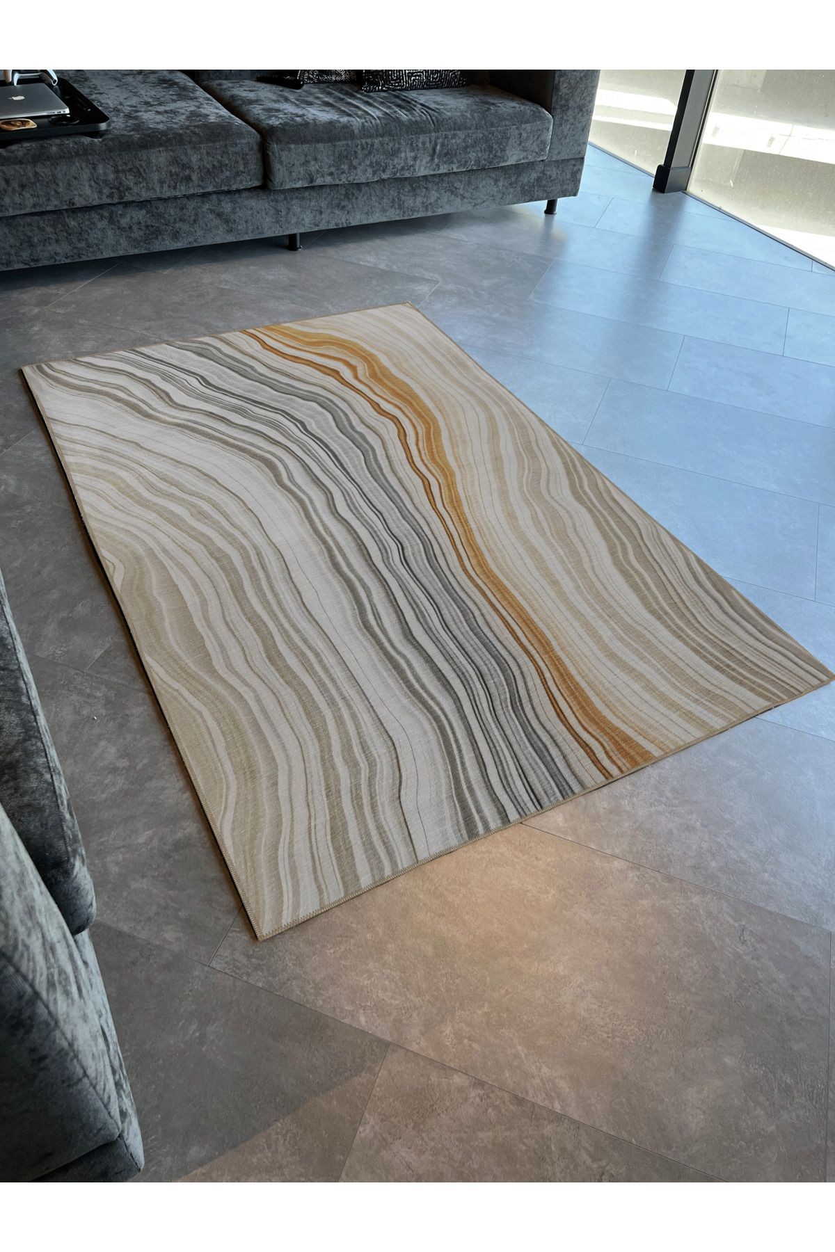 Bej Gri Temalı Çok Renkli Soyut Dalgalı Şerit Desenli Kreatif Modern Dekoratif Halı 2358