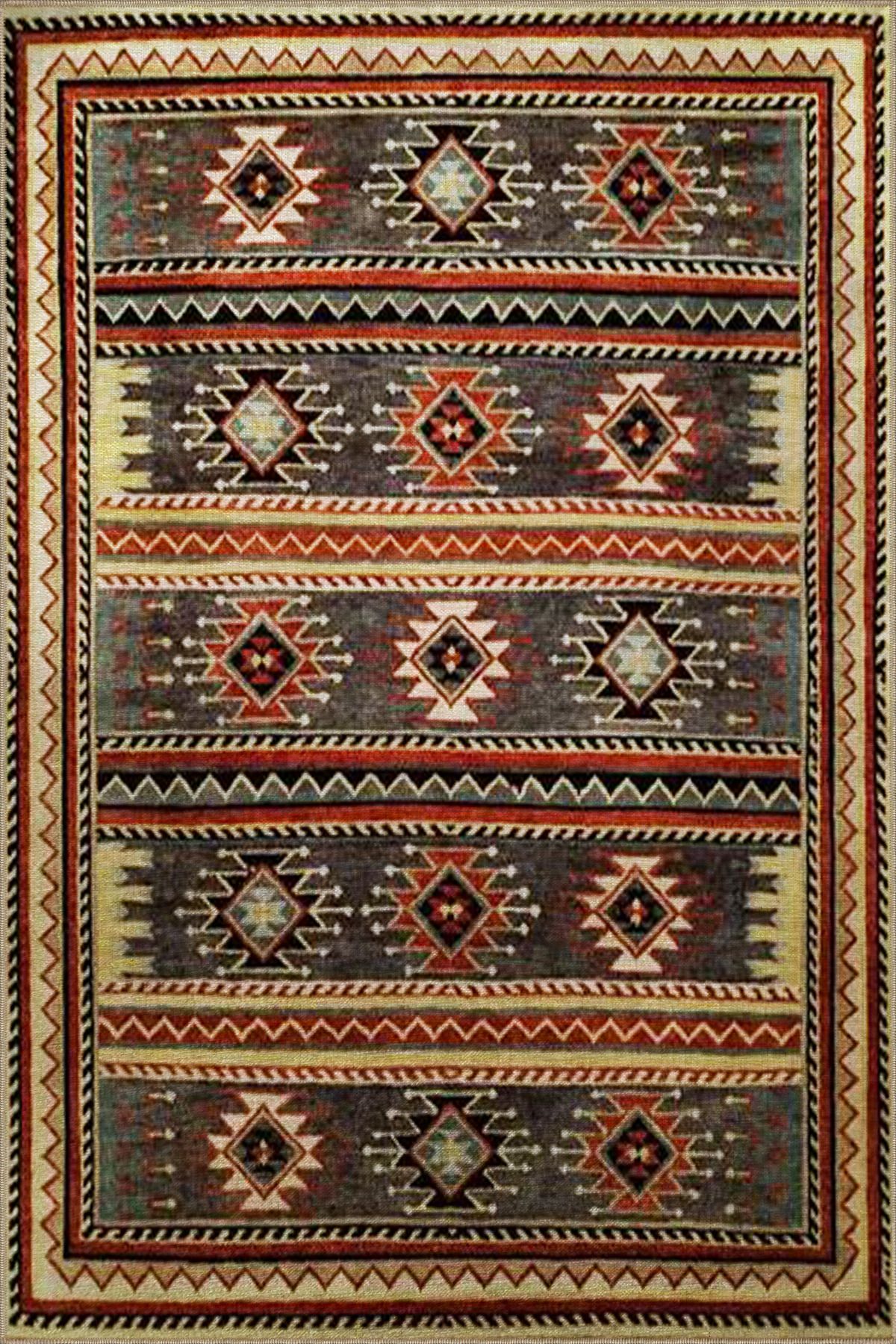 Koyu Ton Çok Renkli Motifli Etnik Desenli Vintage Dekoratif Halı 3289