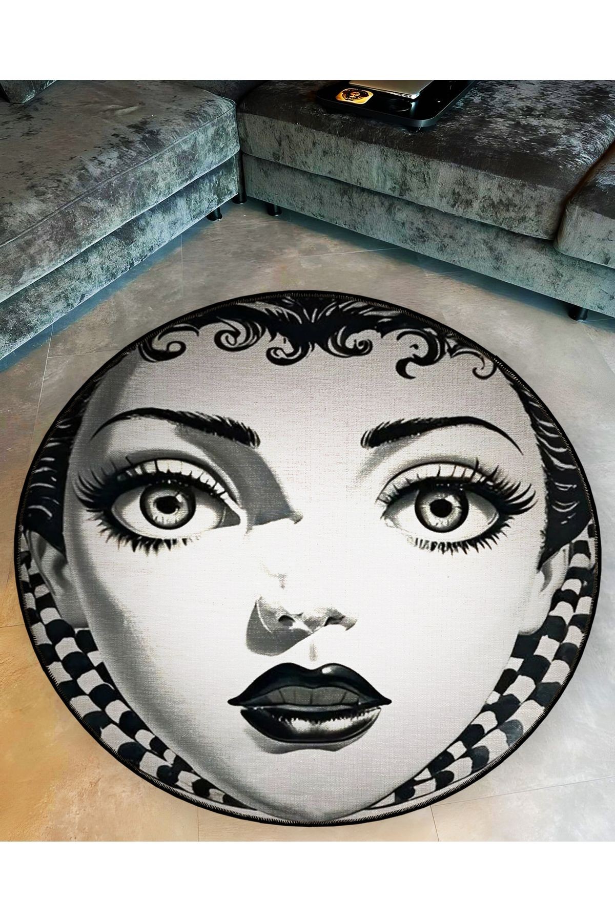 Yuvarlak Siyah Bej Vintage Kadın Yüz  Desenli Dokuma Taban Halı miraface29