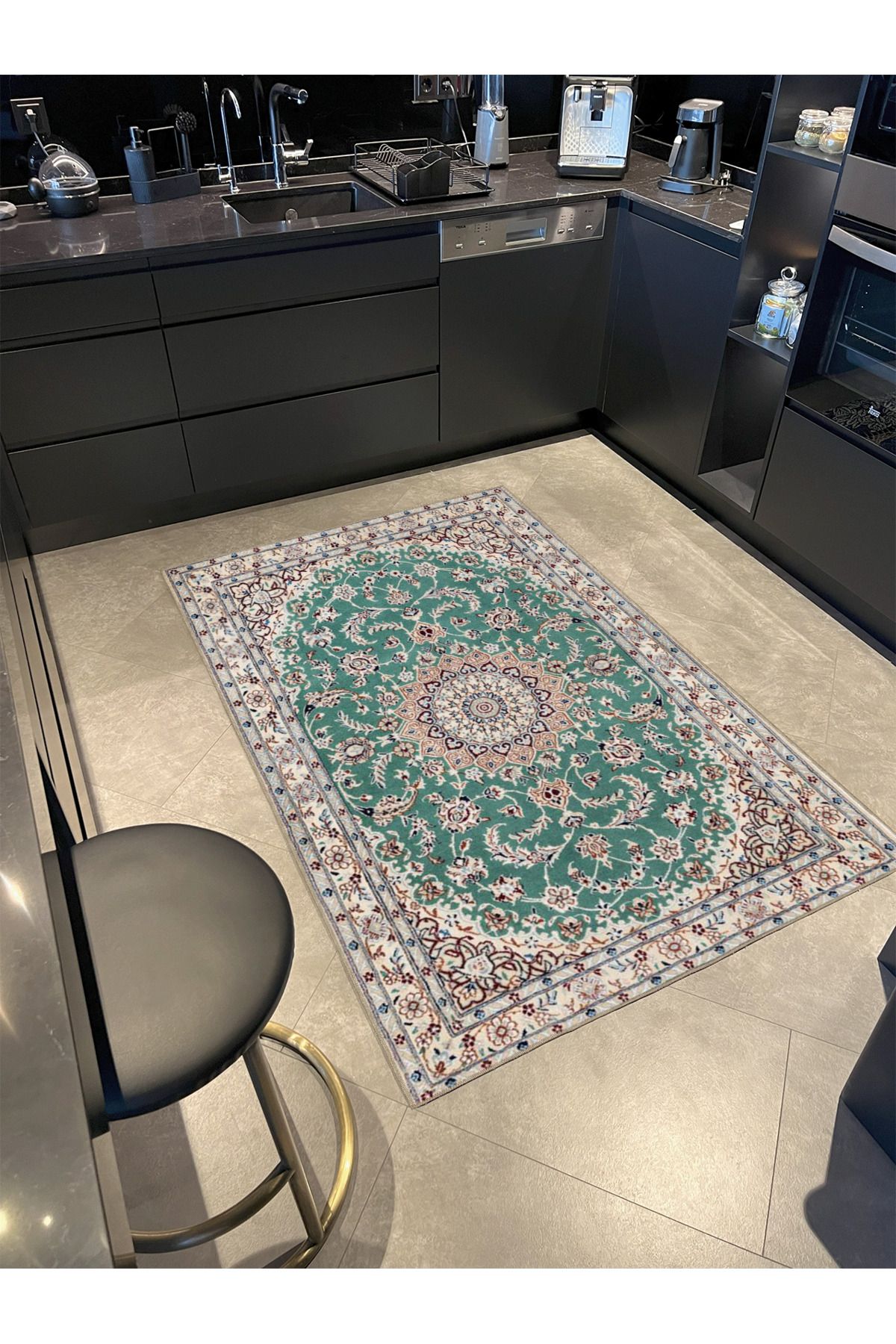 Yeşil Gri Çiçekli Geleneksel Desenli Kreatif Dokuma Taban Halı miravip129