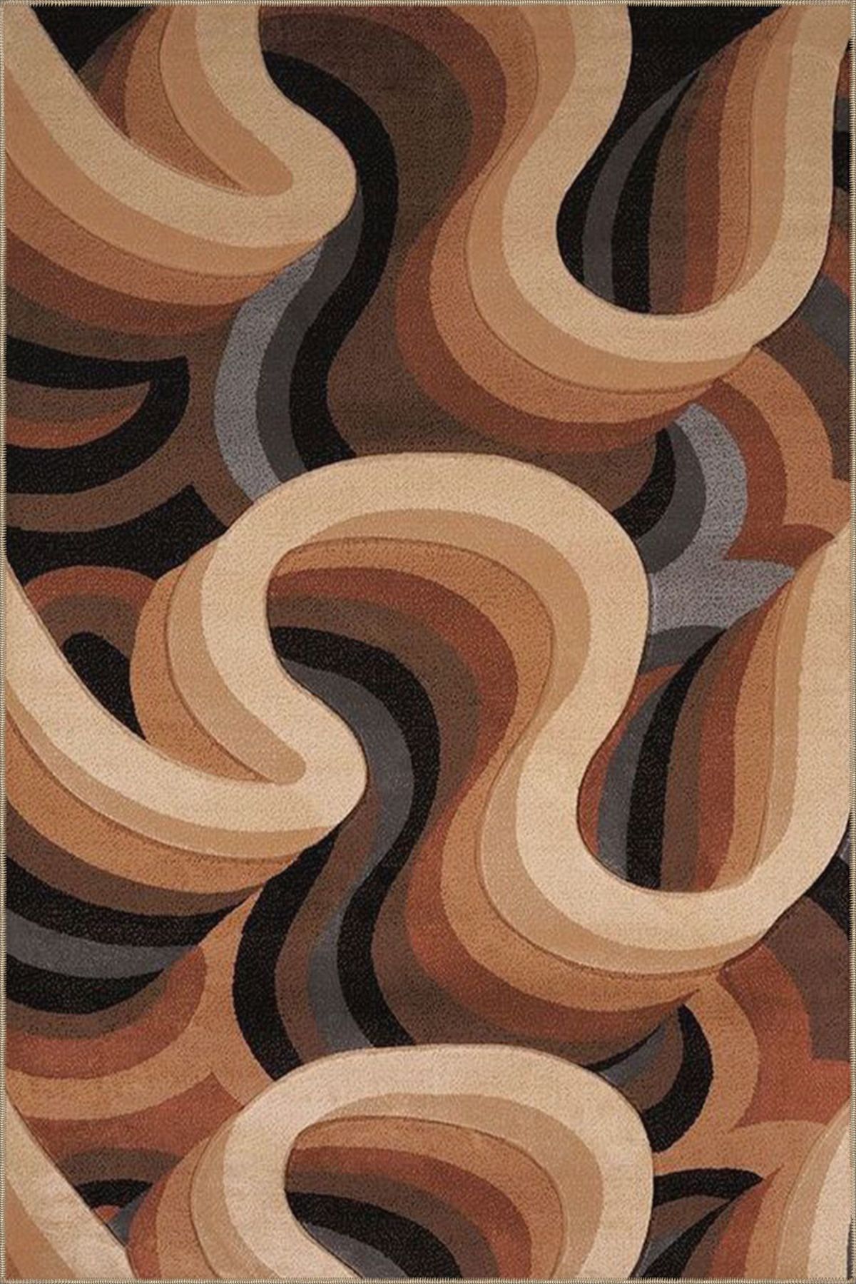 Ohm Dalgalı Kahverengi Tonlarda Desenli Dokuma Taban ve Yıkanabilir Halı miravip9379