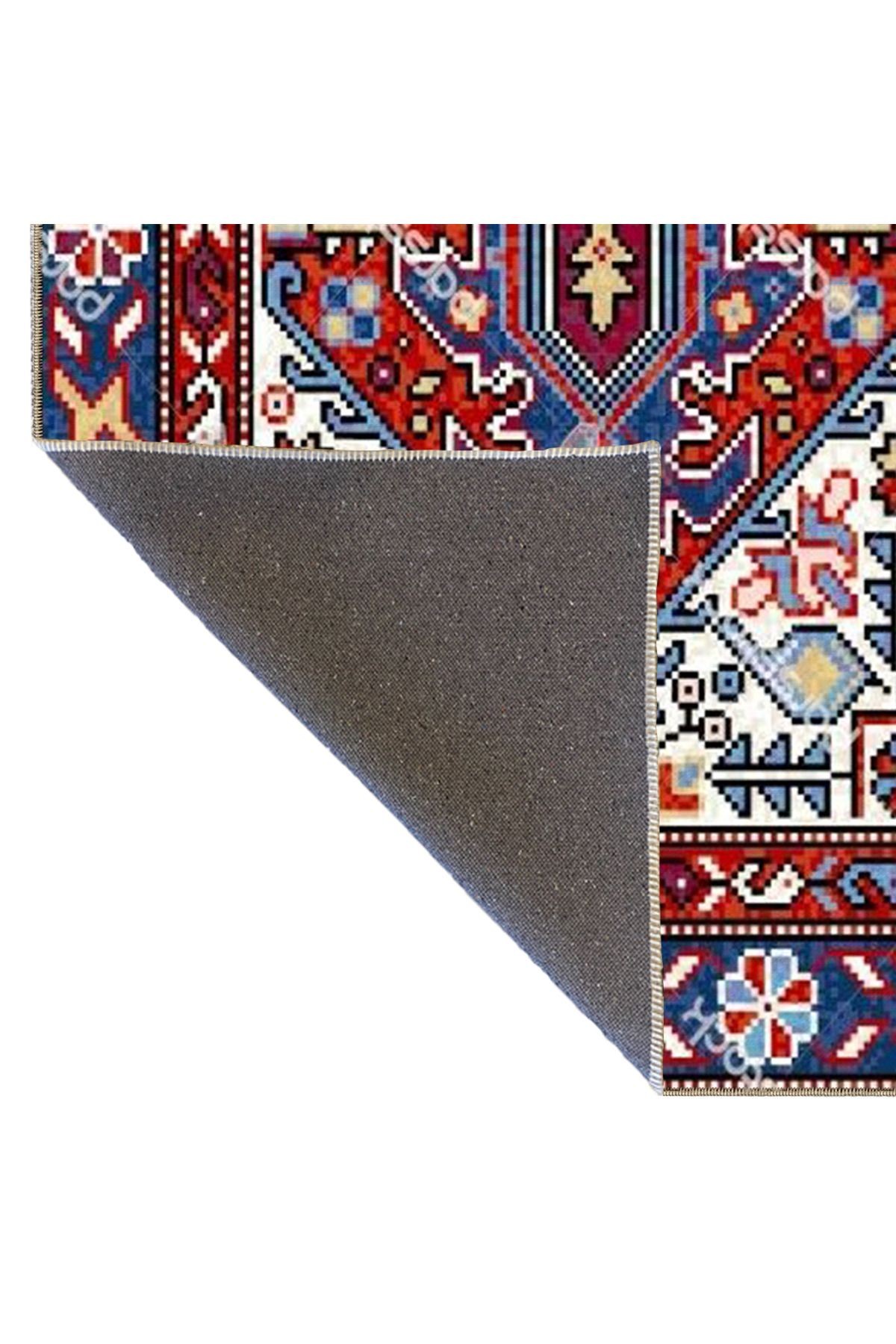 Mavi Bordo Temalı Geleneksel Motif Desenli Vintage Dekoratif Halı 3555