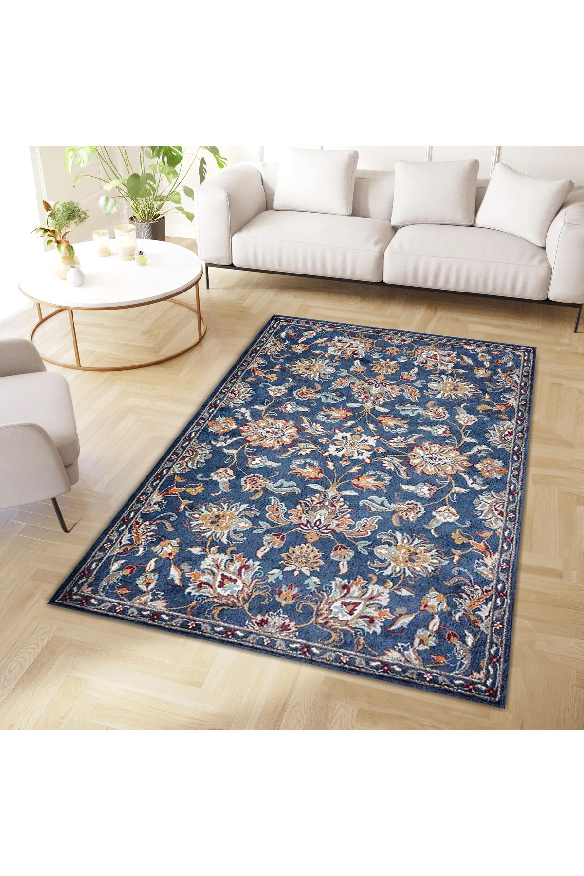 Kuzey Koleksiyonu Mavi Floral Desenli Dokuma Taban Dekoratif Halı kuzey09