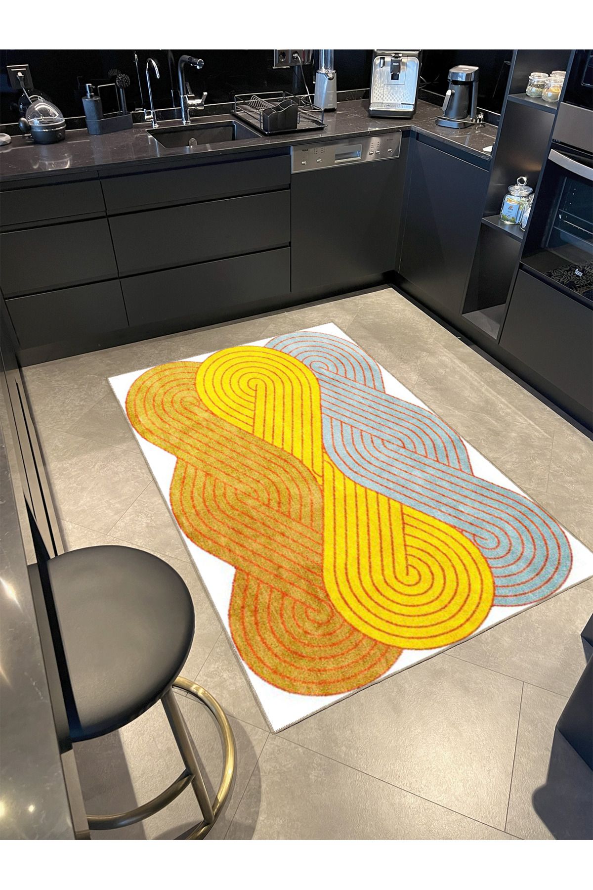 Gri ve Sarı Renk Tonlarında Dalgalı Desenli Dekoratif Halı 4079