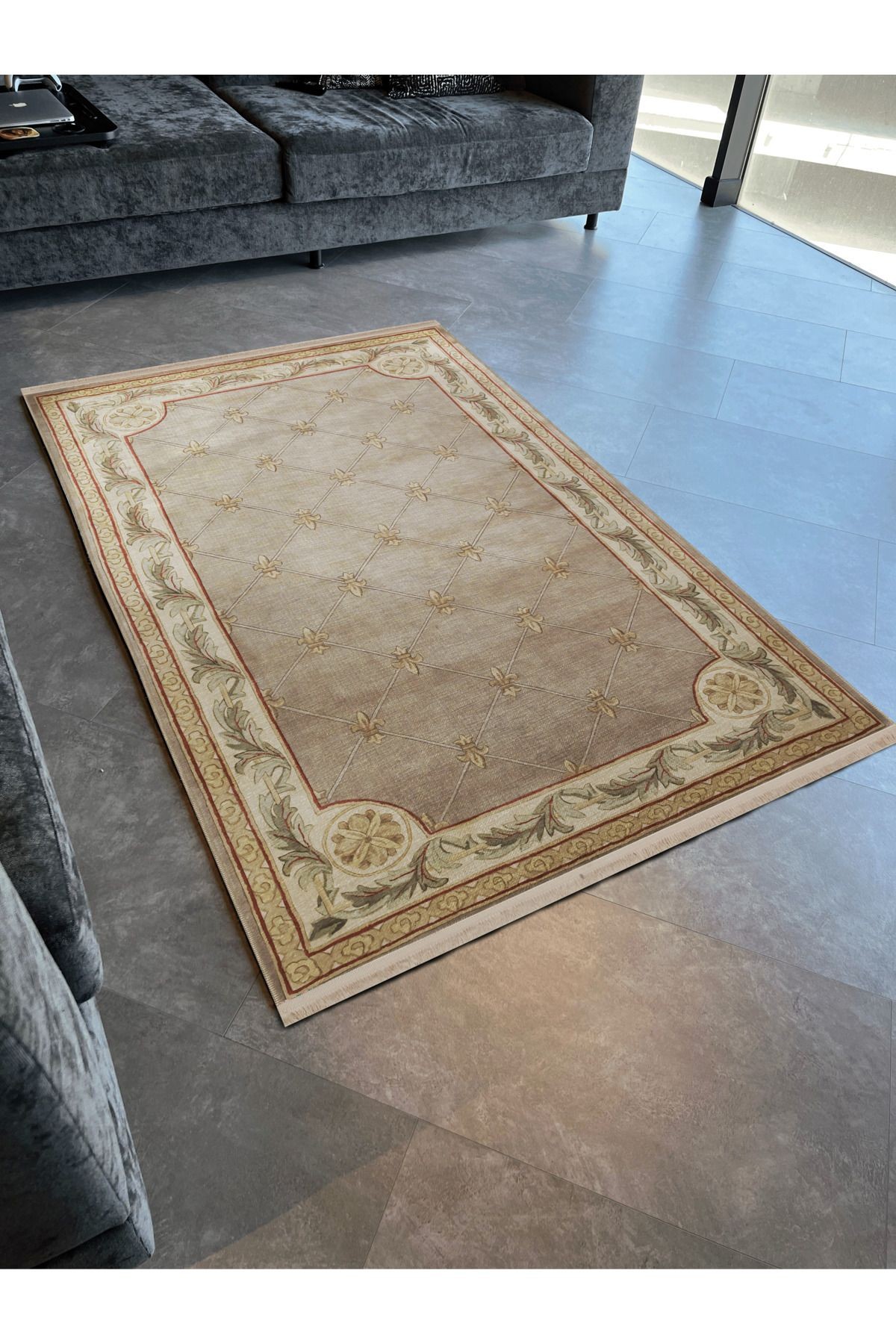 Bej Ton Çapraz Çizgi Motifli Desenli Kreatif Vintage Dekoratif Halı 2613