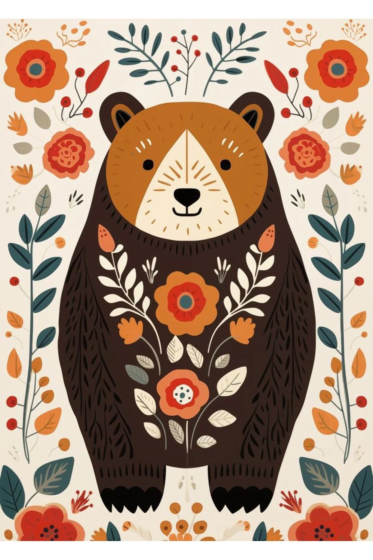 Özge Koleksiyonu Renkli Yaprak ve Çiçekli Sevimli Ayı Desenli Dokuma Taban Dekoratif Halı özge14