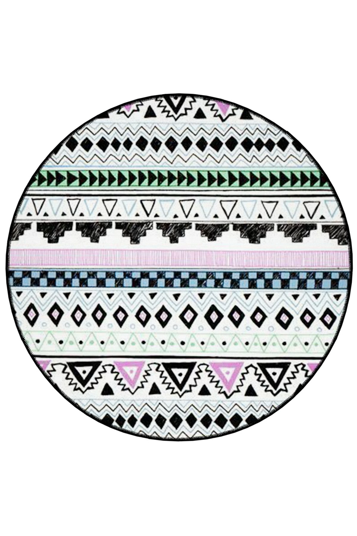 Mira Yuvarlak Çok Renkli Siyah Etnik Detaylı Dokuma Taban Modern Dekoratif Halı 5611