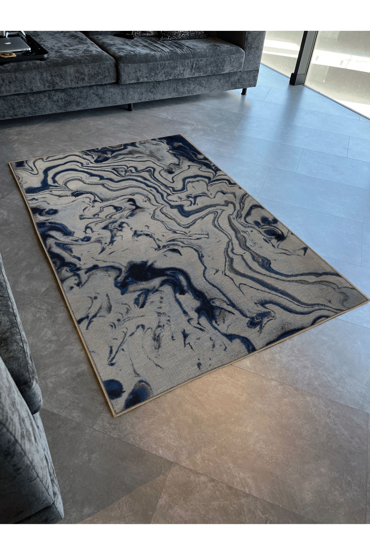 Mavi Bej Temalı Abstract Soyut Desenli Kreatif Modern Dekoratif Halı 3035