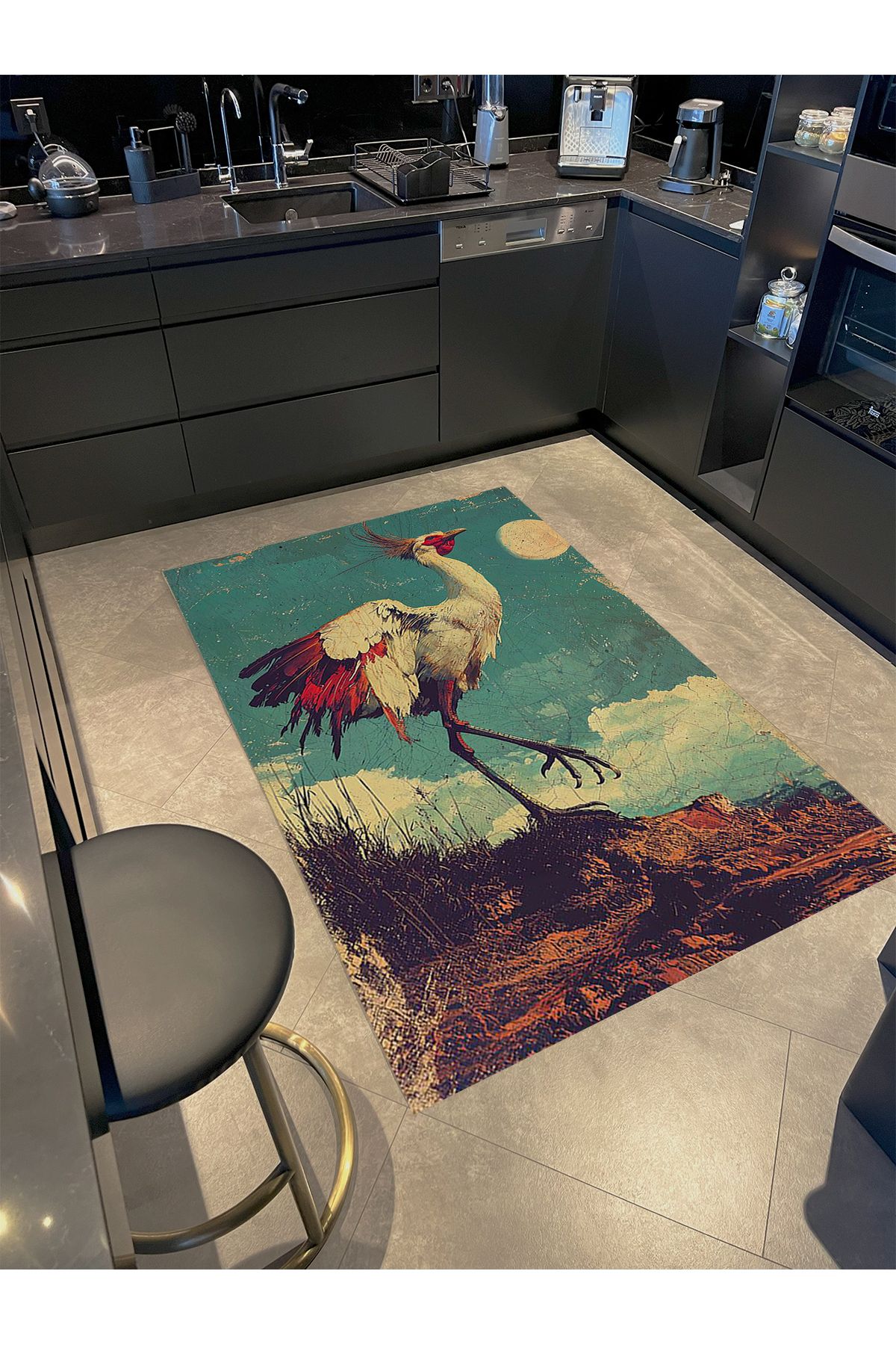 Güneş Koleksiyonu Eskitme Görünümlü Kuş Desenli Dokuma Taban Modern Dekoratif Halı güneş27