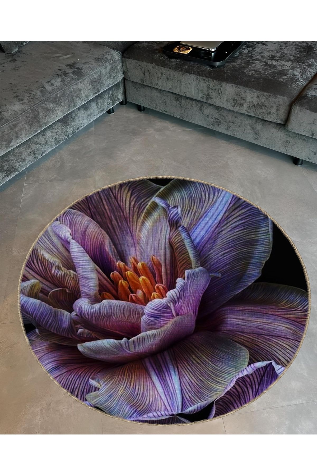 Mira Yuvarlak Mor Çiçek Dokuma Taban Modern Dekoratif Halı 5533