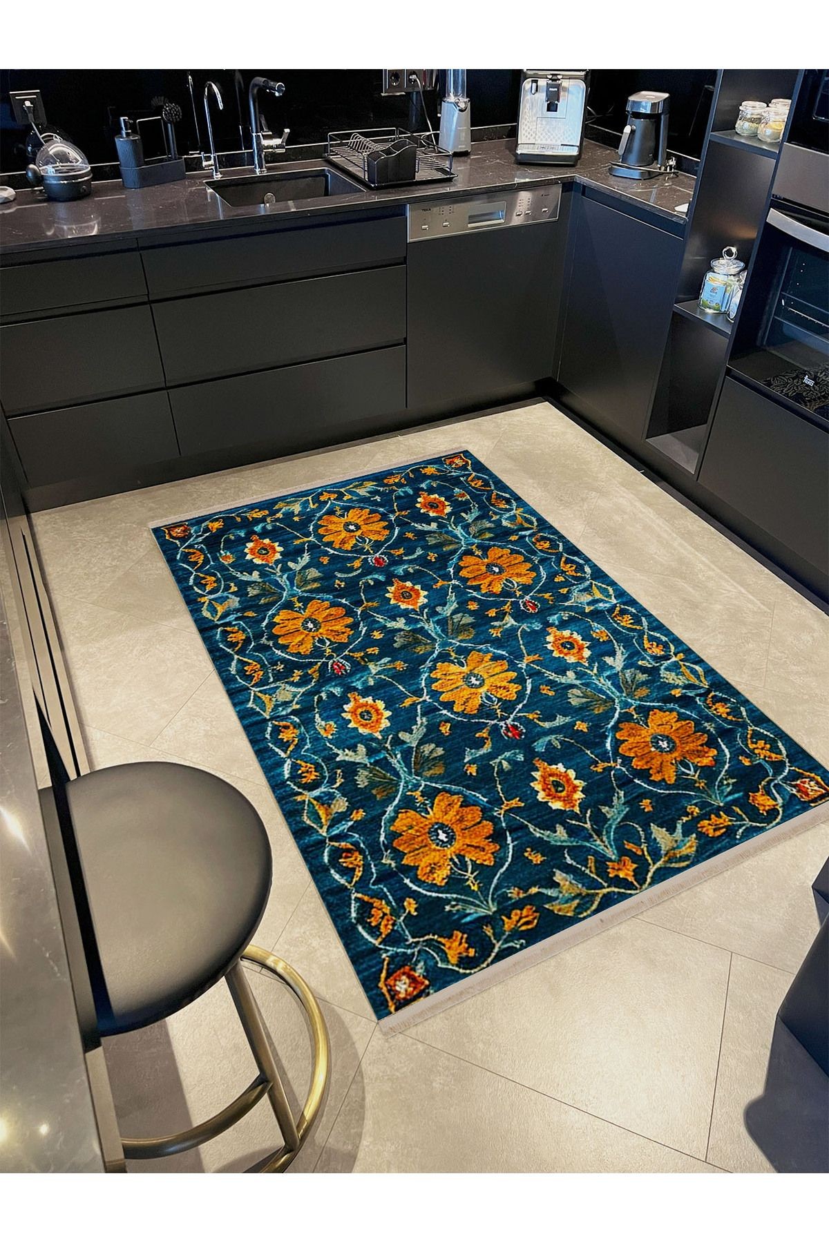 Rio Koleksiyonu Turuncu Çiçekler Detaylı Dokuma Taban Modern Dekoratif Halı rio02