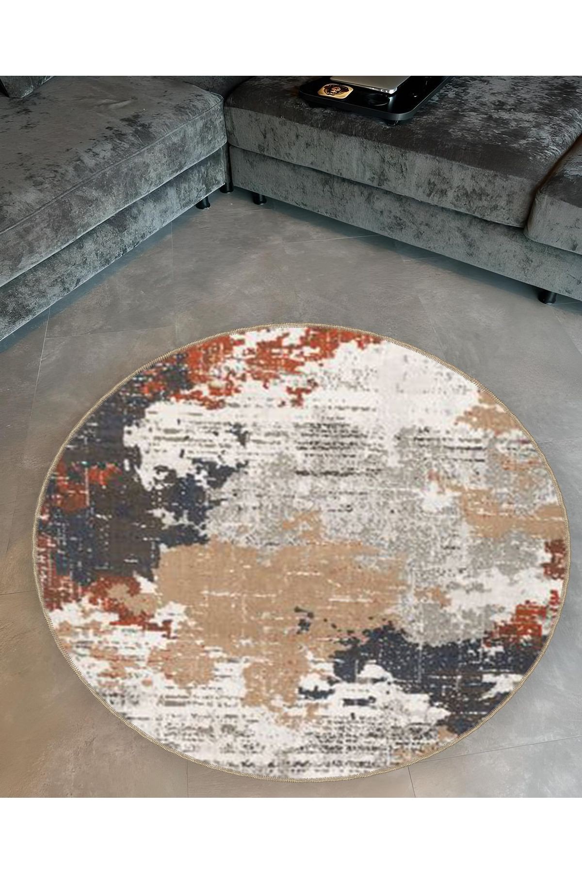 Mira Yuvarlak Bej Tonlarda Soyut Desenli Dokuma Taban Modern Dekoratif Halı 5564