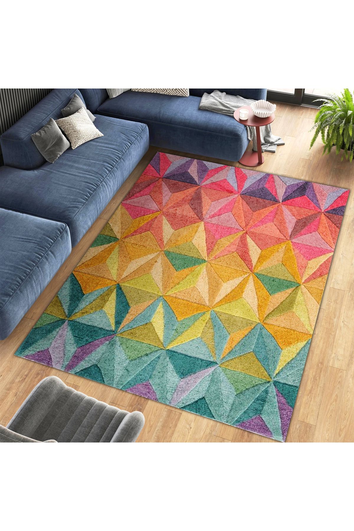 Kuzey Koleksiyonu Çok Renkli Şekiller Dokuma Taban Dekoratif Halı kuzey05