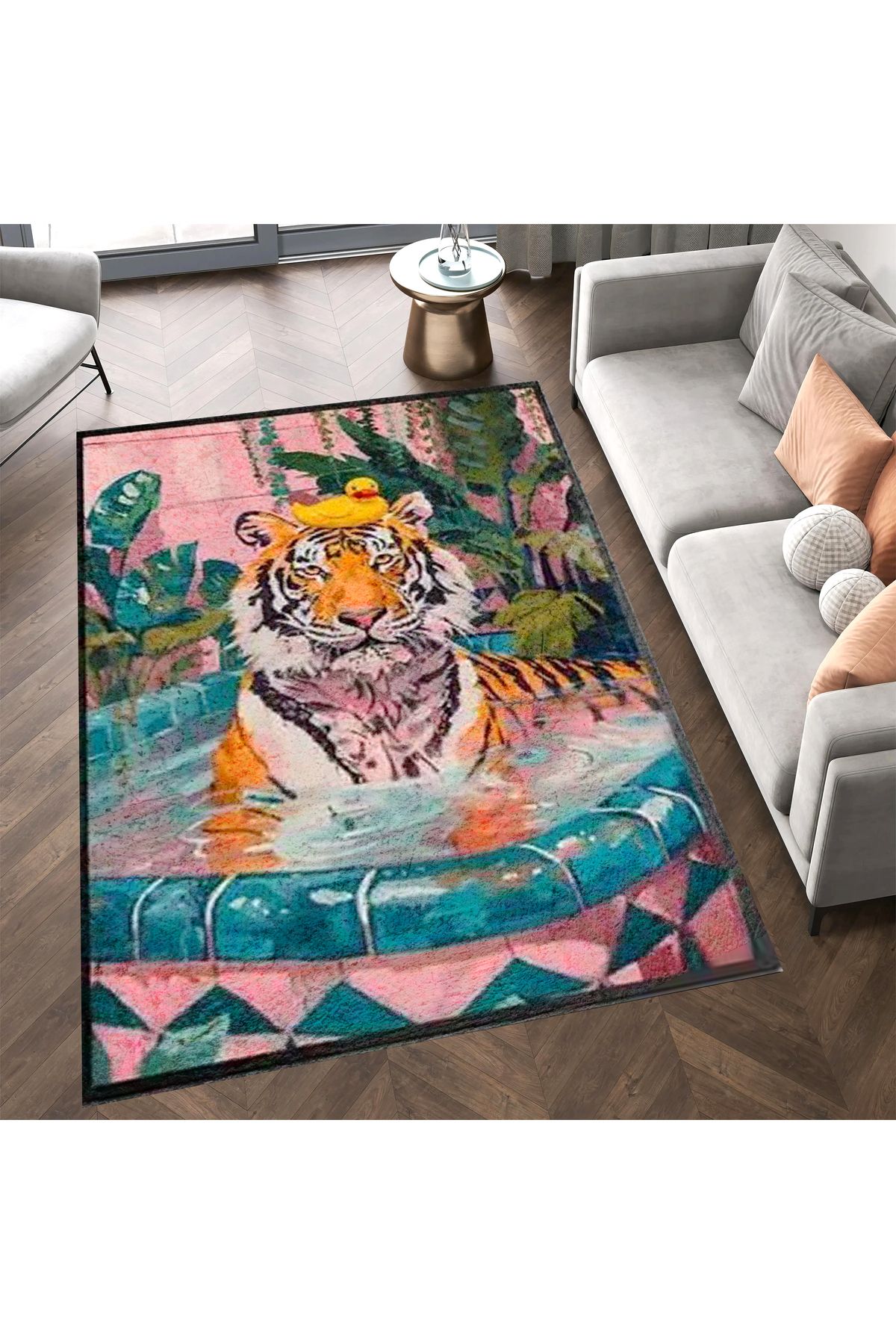 Kuzey Koleksiyonu Havuzda Kaplan ve Oyuncak Ördek Desenli Dokuma Taban Dekoratif Halı kuzey14
