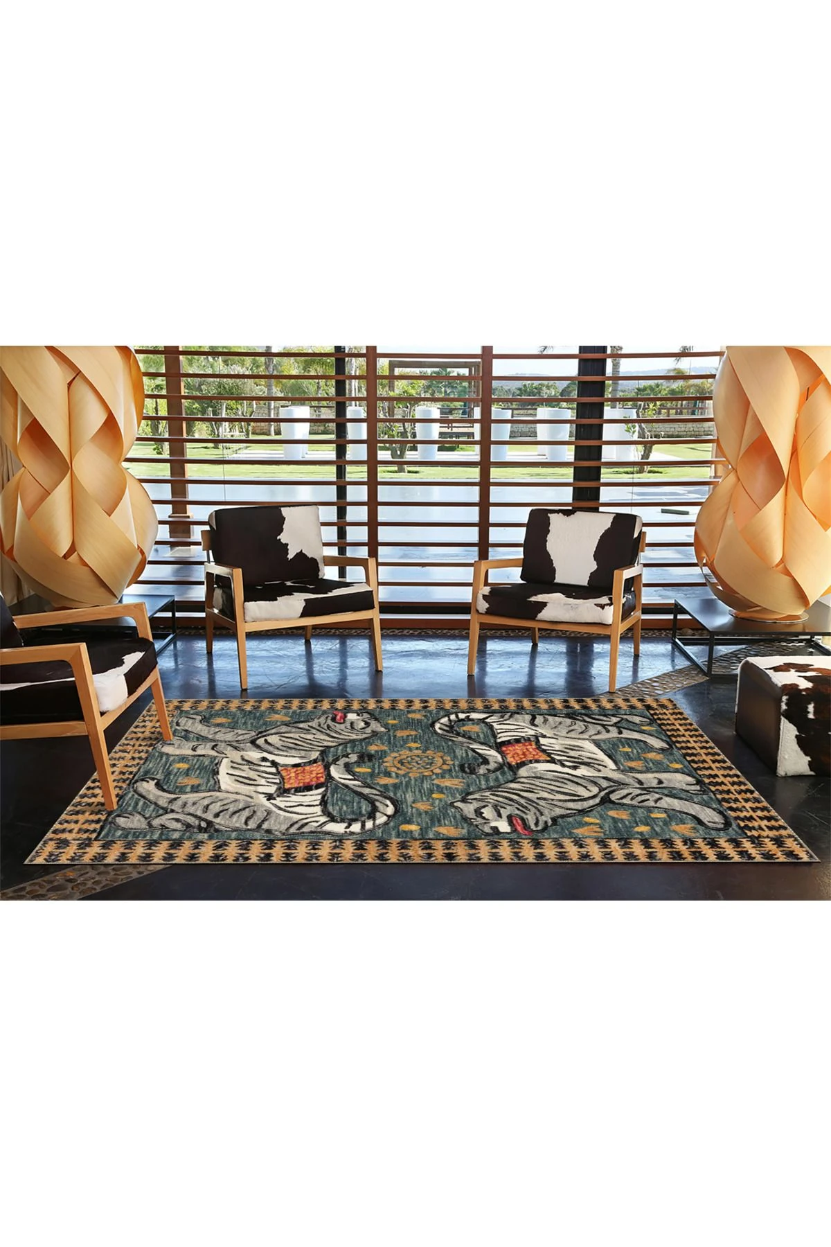 Gri Bej Temalı Kaplan Kaplan Desenli Kreatif Modern Dekoratif Halı 3591