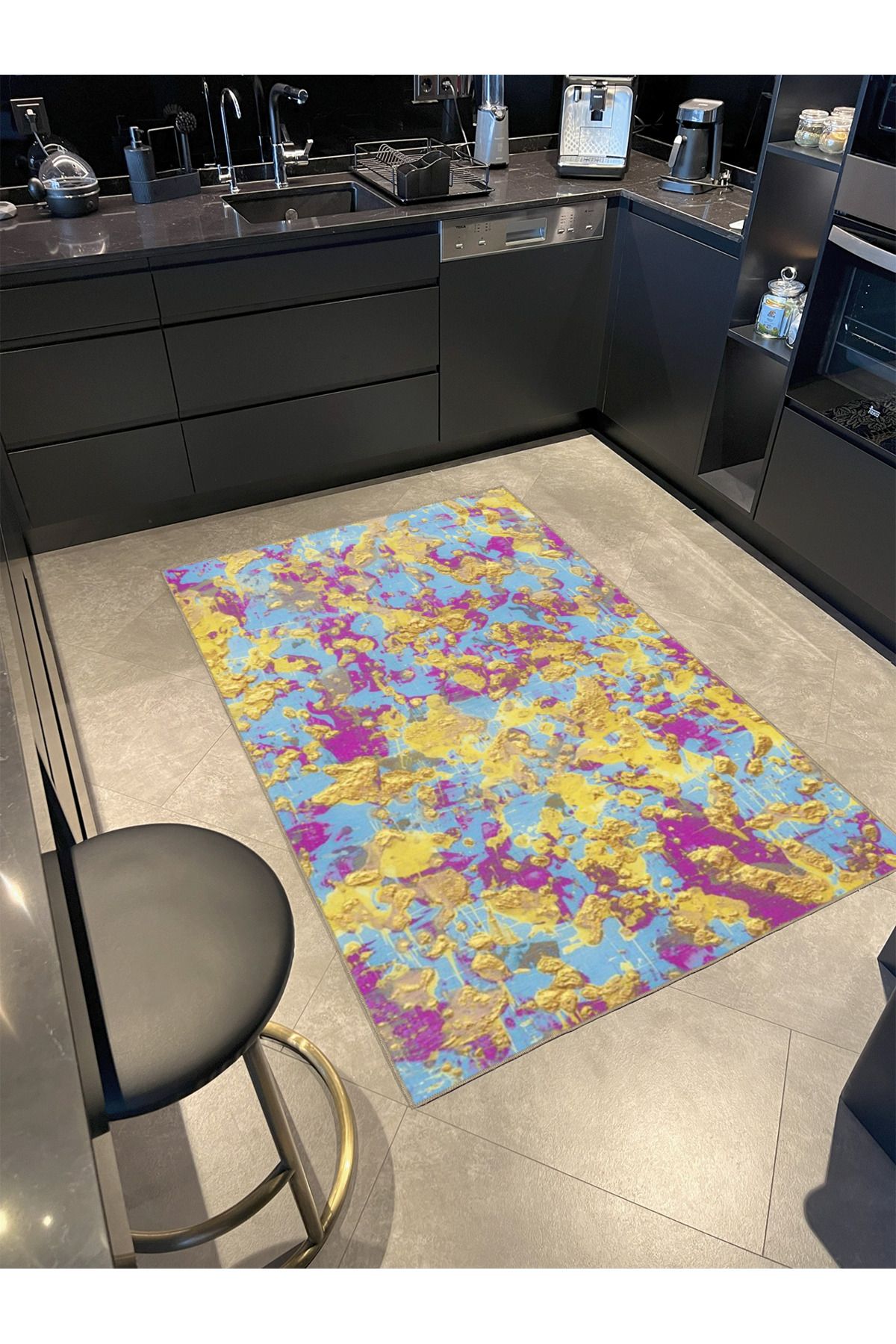 Sarı Mor Boyalı Dokuma Taban Yıkanabilir Halı miravip8909